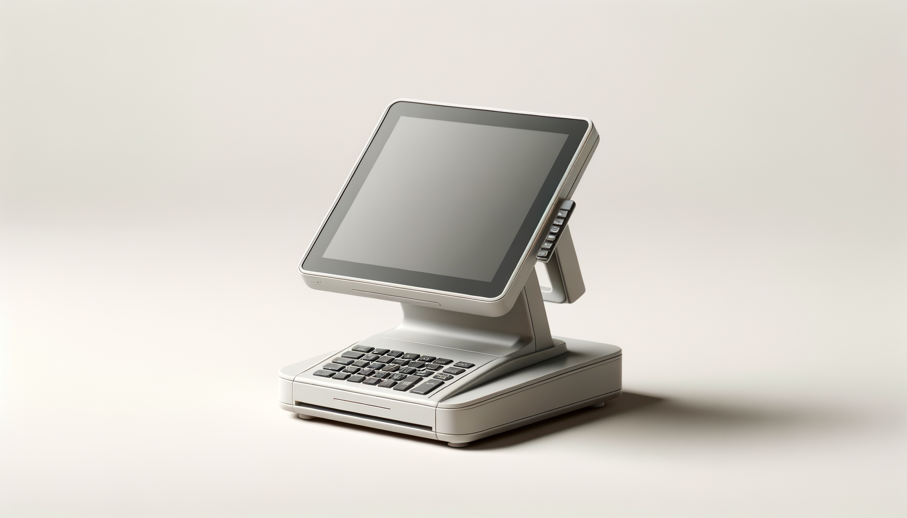 A modern electronic cash register with a touchscreen display and a keyboard, set against a plain background.
