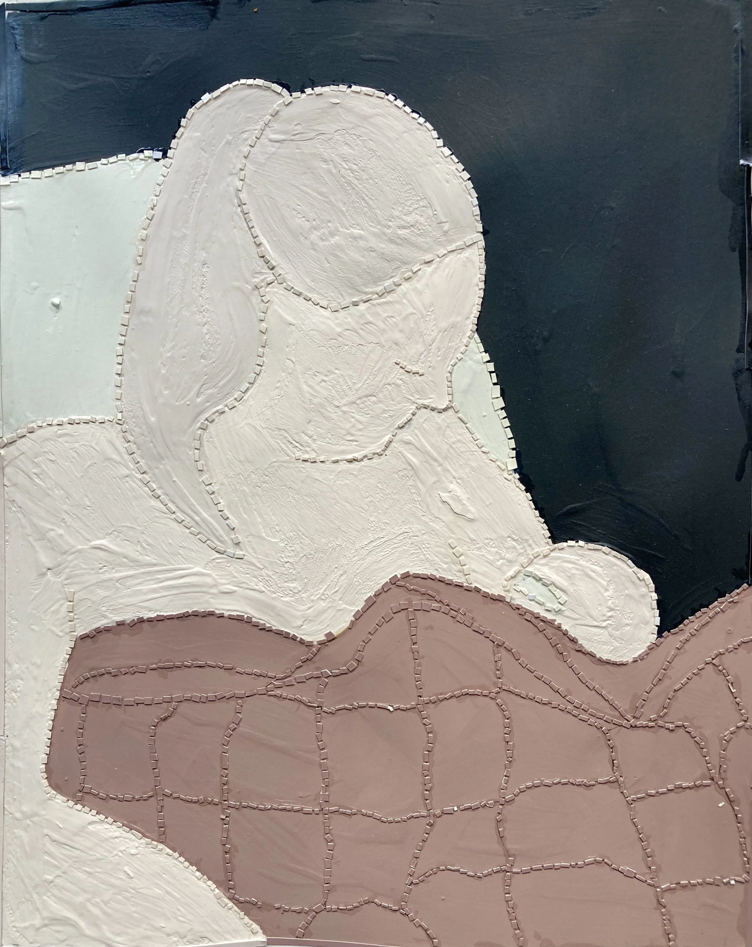 Abstract painting of a woman with long hair, wearing glasses and a patterned scarf, with a dark background.