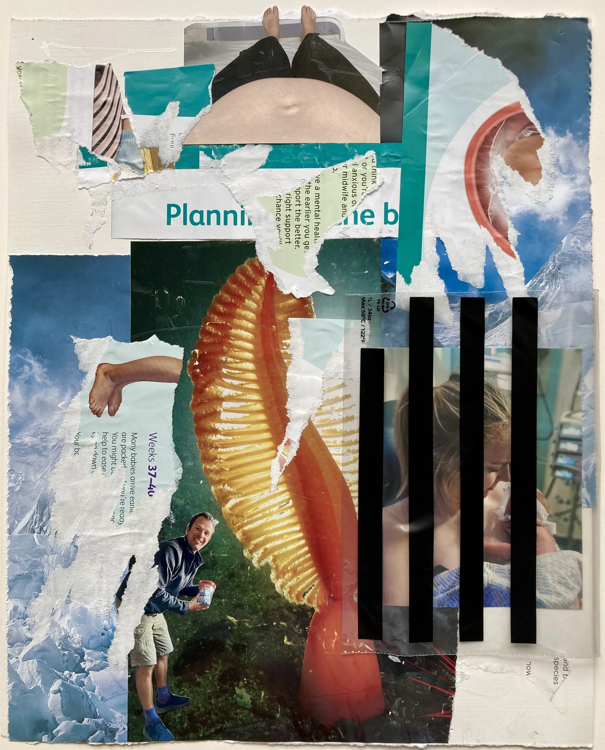 Collage of torn magazine pages with photos of mountains, a person holding a cup, a woman in medical attire, and various text fragments.