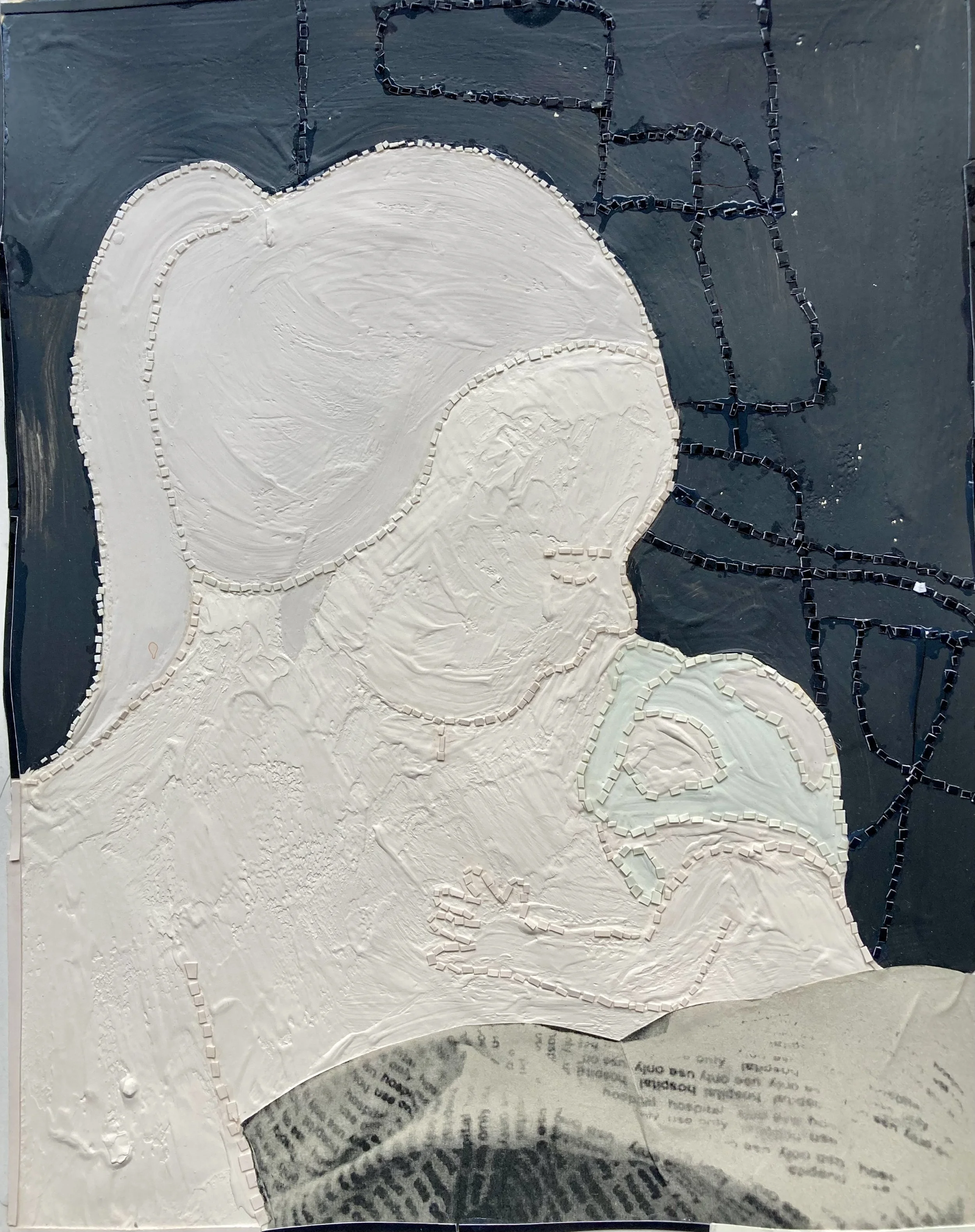 A mosaic artwork depicting a woman and a child, with the woman having her head resting on the child's shoulder; the image is made with small tiles on a dark background.