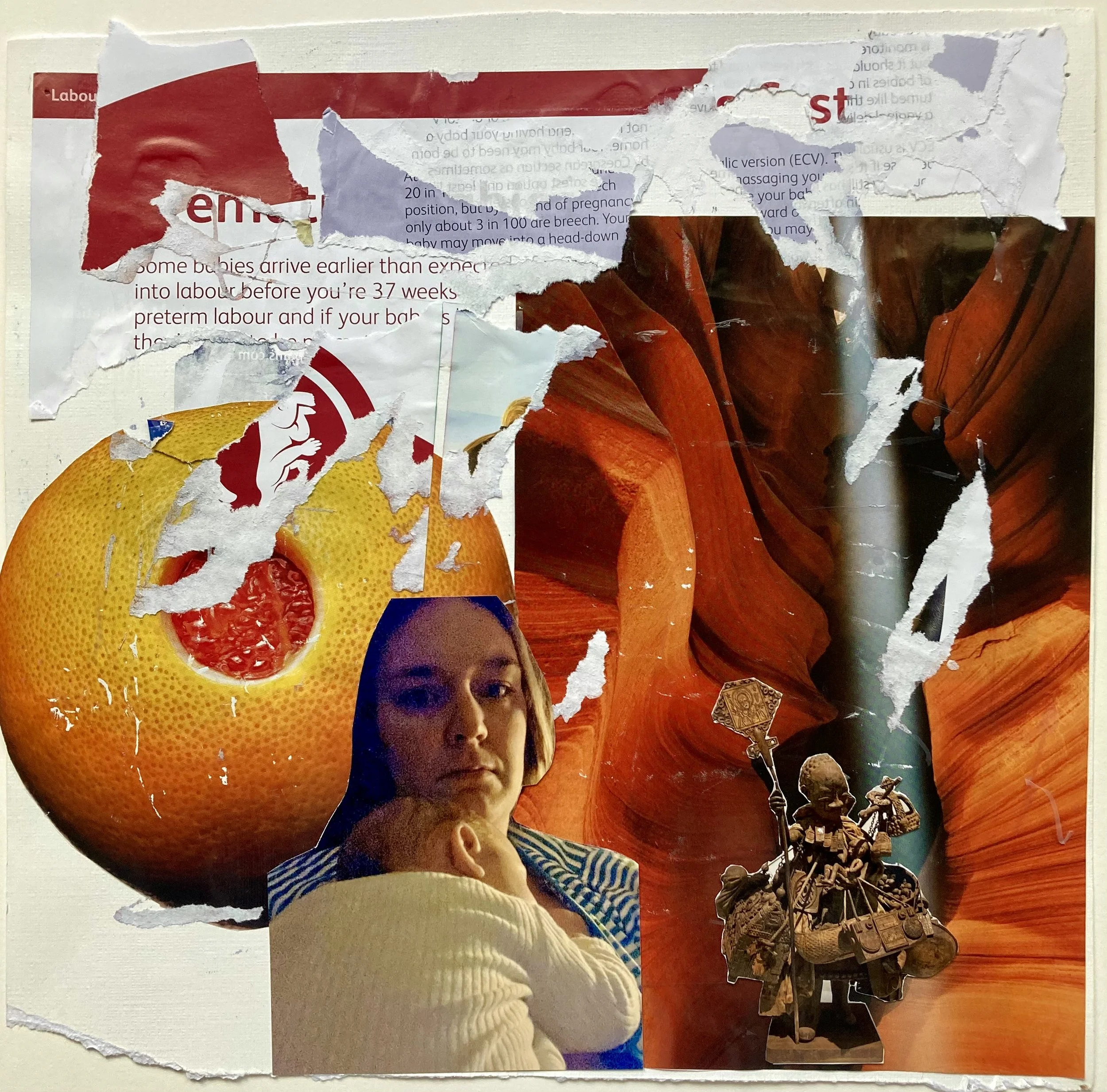 A collage featuring a peeled orange with a segment exposed, a woman holding a child, a small decorative figurine of a soldier with flags, torn pieces of paper, and a background of red rock formations.