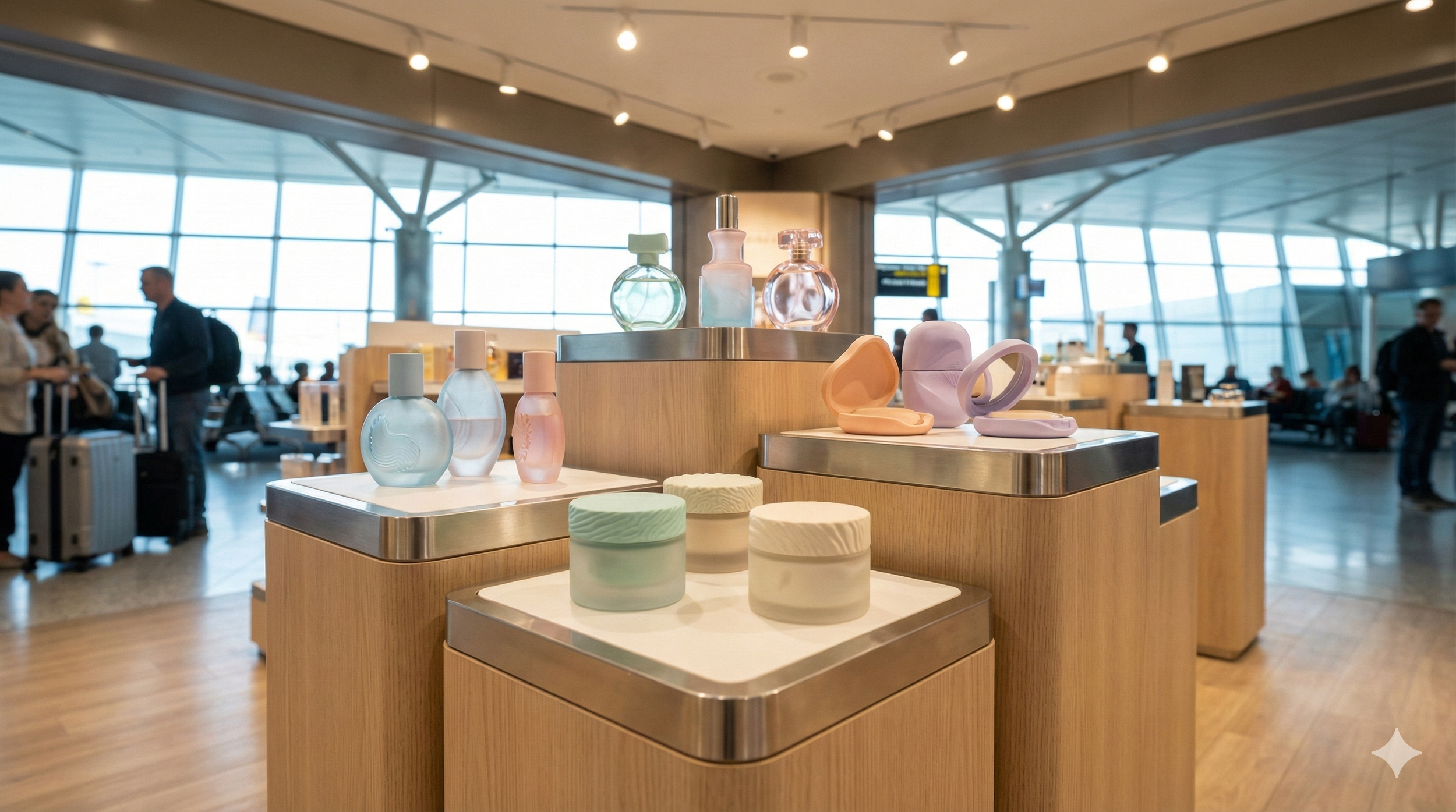 Display of various pastel-colored toiletries and cosmetic containers inside an airport terminal.