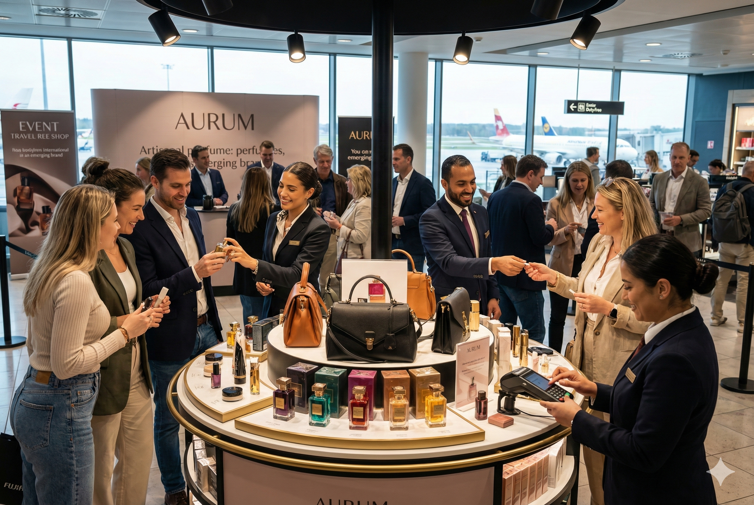 People shopping for perfume at an airport retail store, with aircraft visible through the large windows in the background.