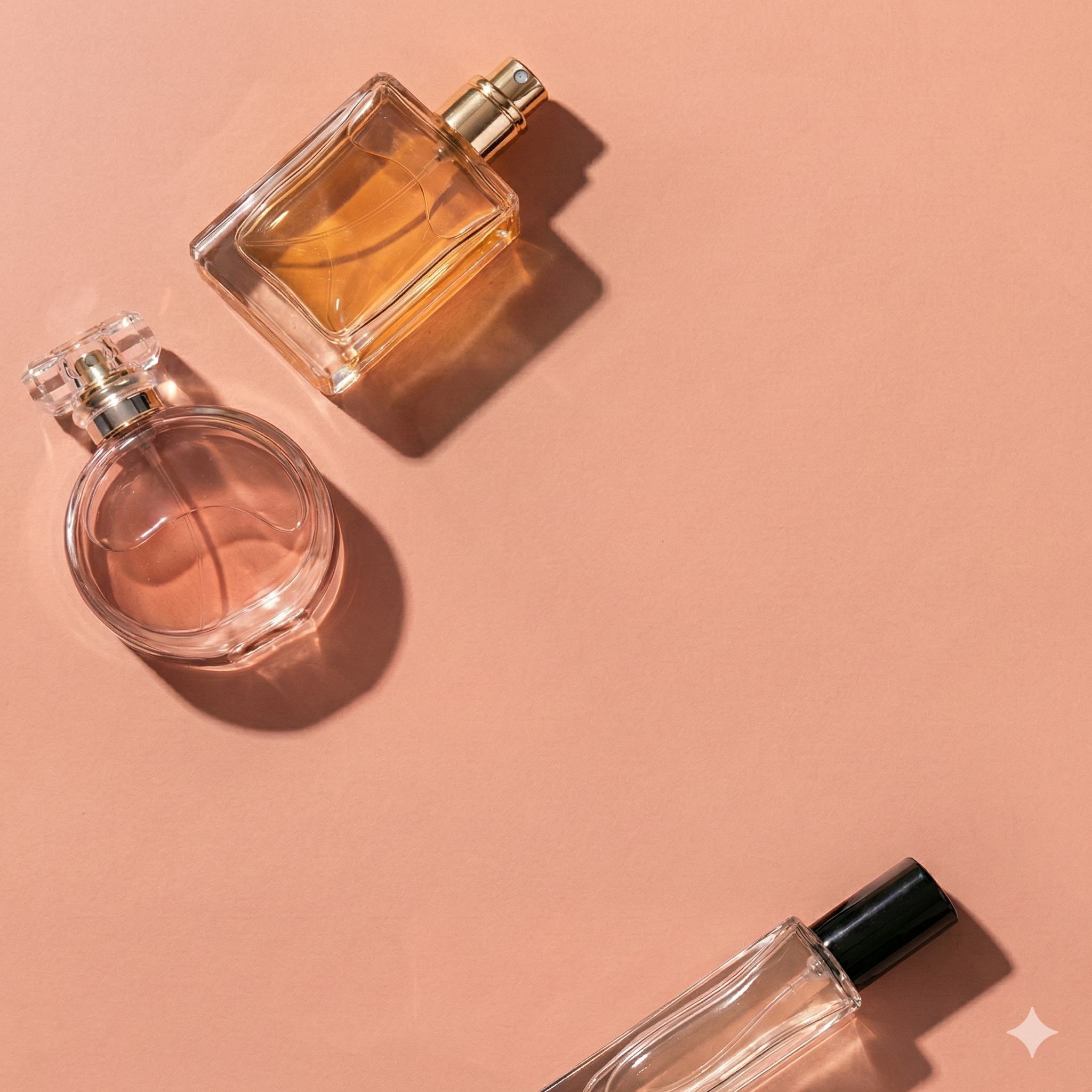 Three perfume bottles on a pink surface, casting shadows and reflections.