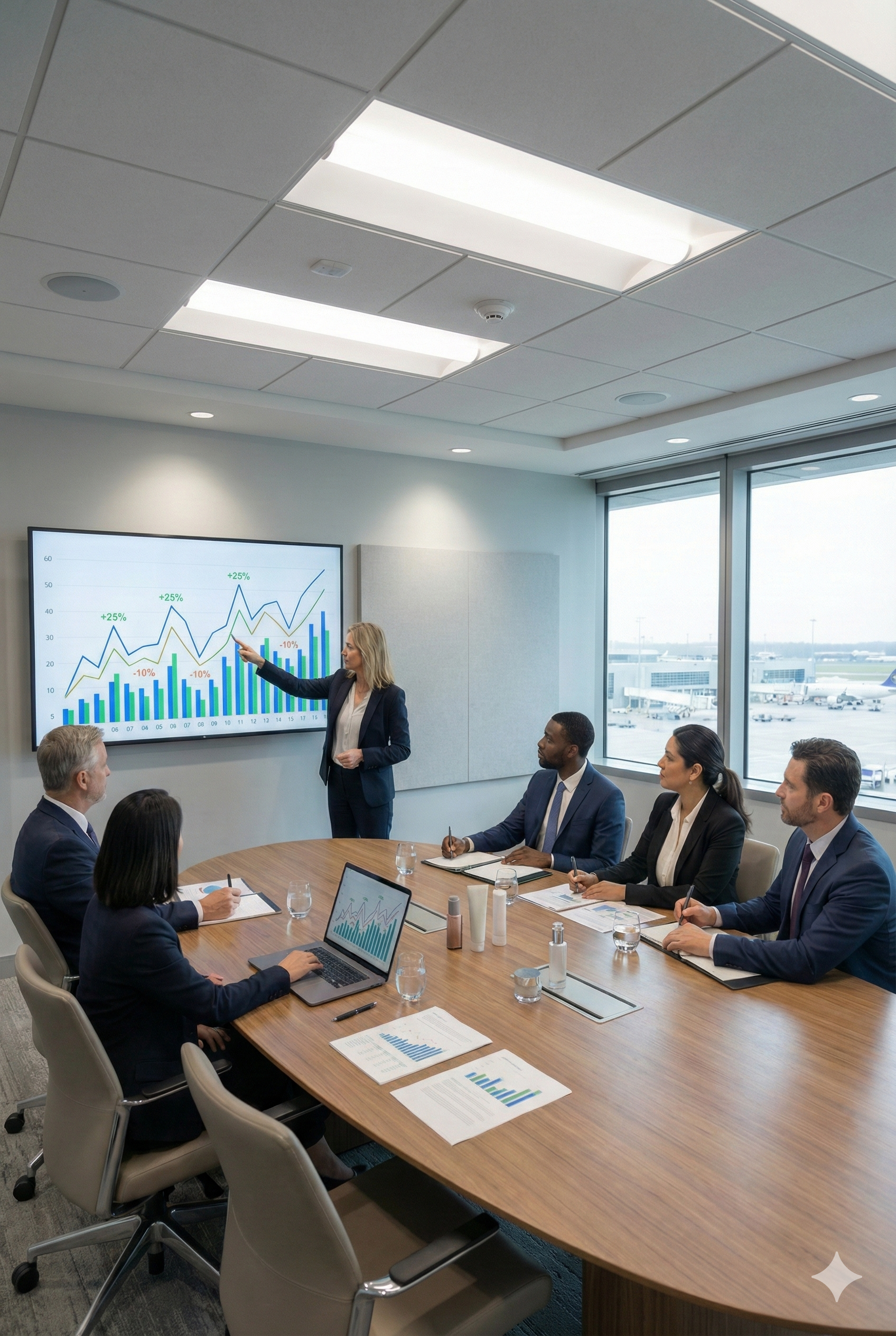 Businesswoman giving a presentation to a group of five professionals in a conference room with large windows, showing graphs and data on a screen.