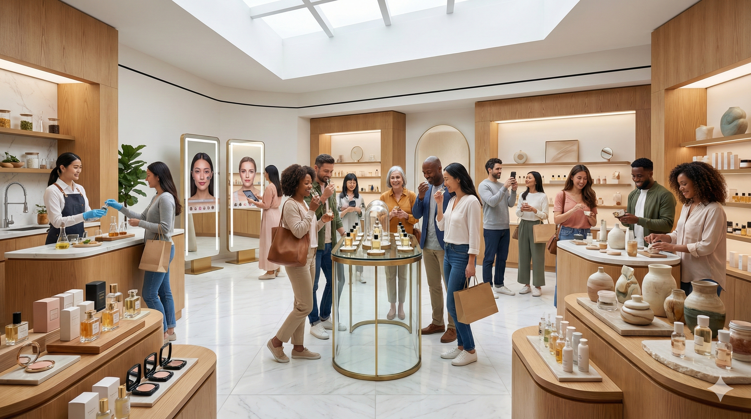 A diverse group of people shopping and sampling perfumes inside a modern, well-lit store with wooden display shelves and decorations, including aromatherapy and pottery items.