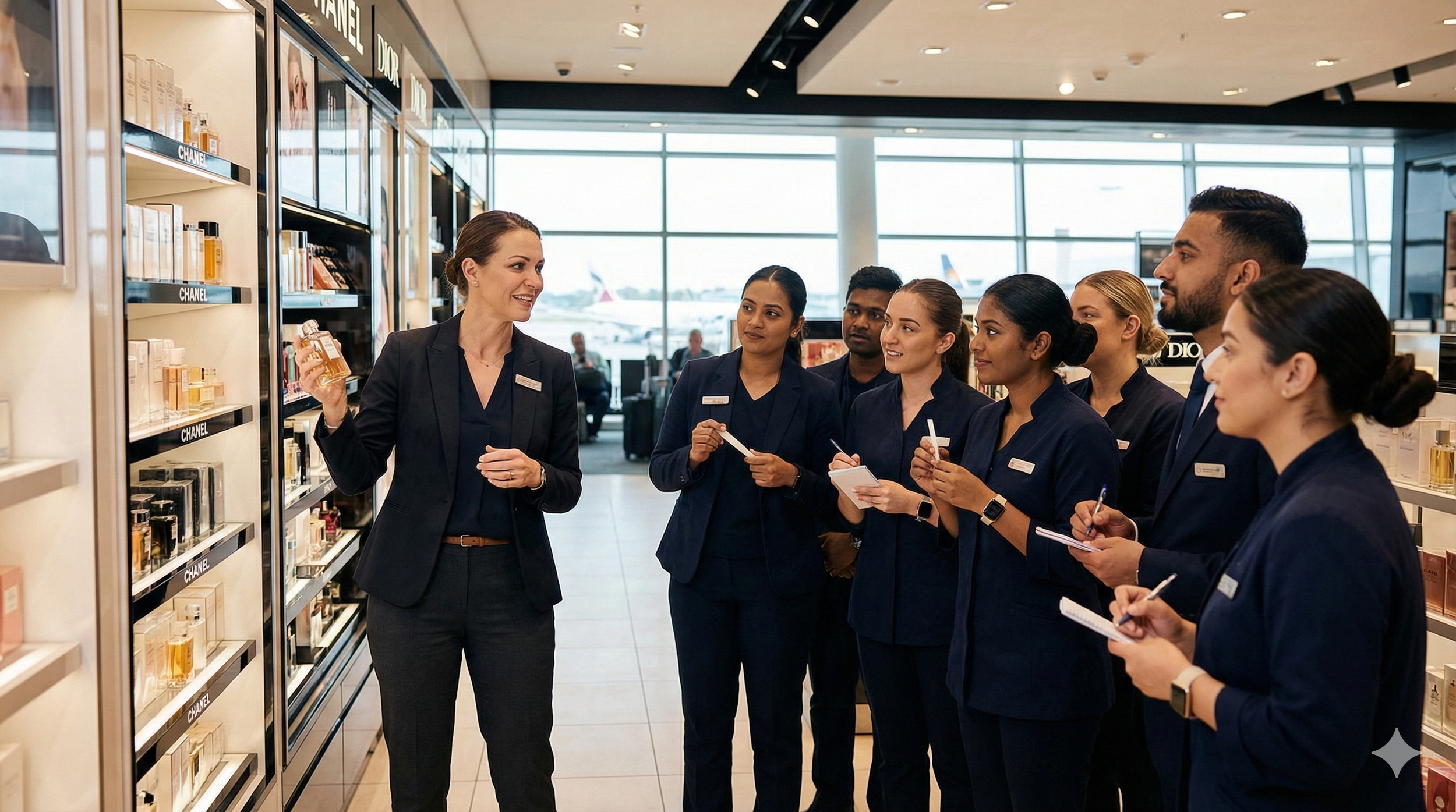 A woman salesperson showing perfume to a group of airline staff at an airport duty-free shop.