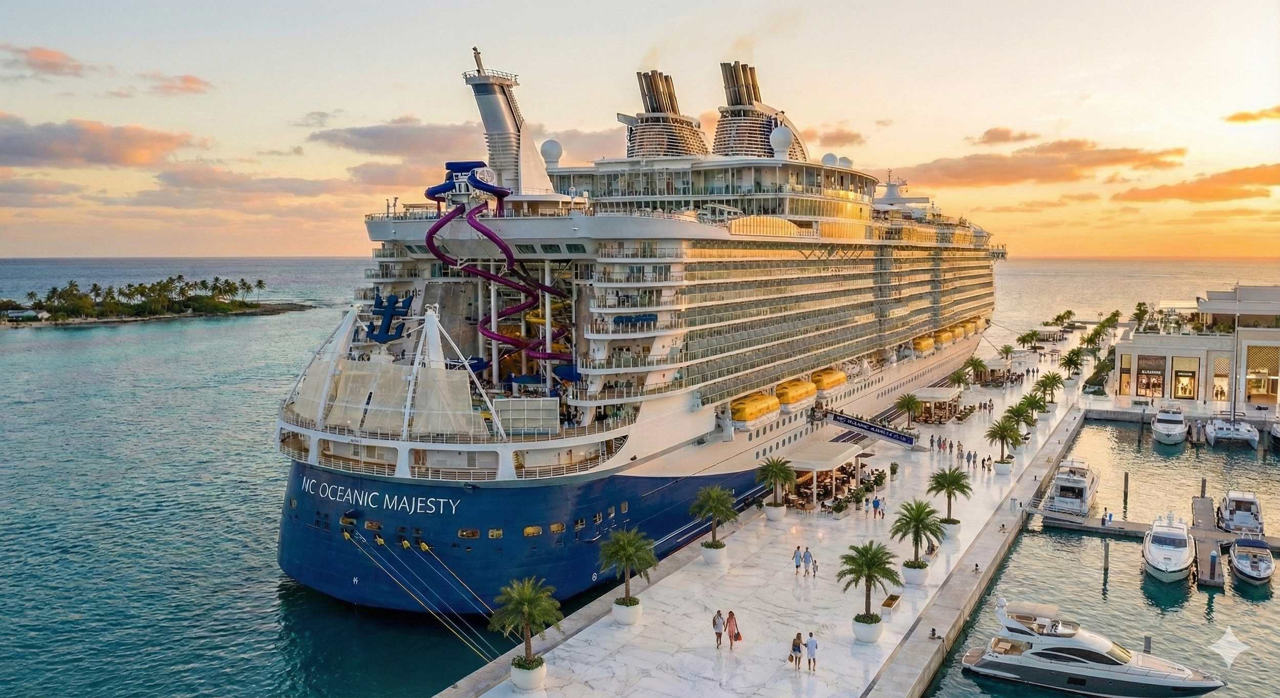 A large cruise ship named 'NC Oceanic Majesty' docked at a marina during sunset, with palm trees along the promenade and smaller boats in the water.