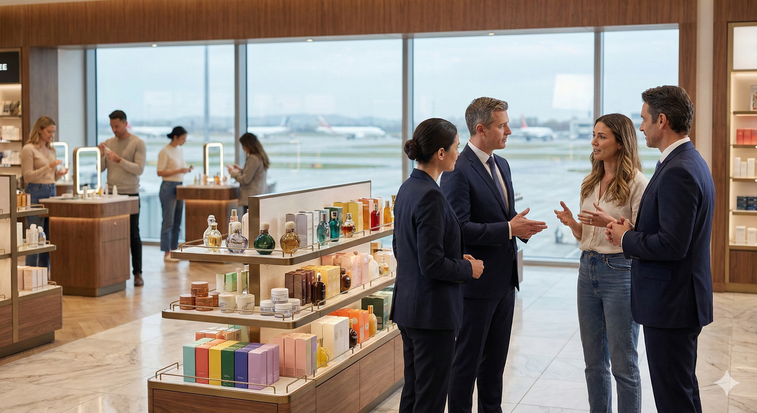 Four businesspeople, two men and two women, engaged in conversation inside an airport retail store, with an airport runway and parked planes visible through large windows in the background.