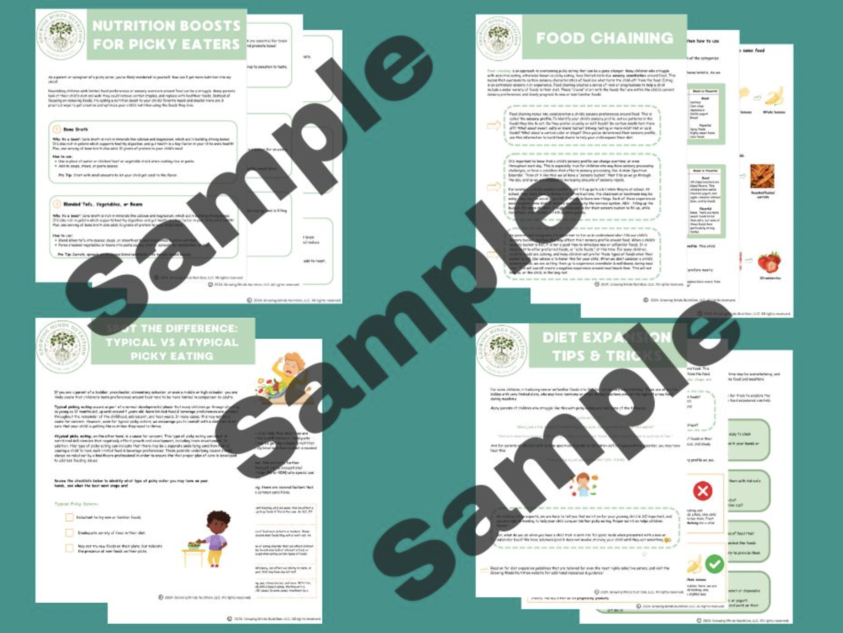 A collection of educational pages on nutrition and healthy eating, including topics like nutrition boosts for picky eaters, food chaining, diet expansion tips and tricks, and the differences between typical and atypical picky eating. The pages feature text, headings, bullet points, colorful icons, and illustrations.