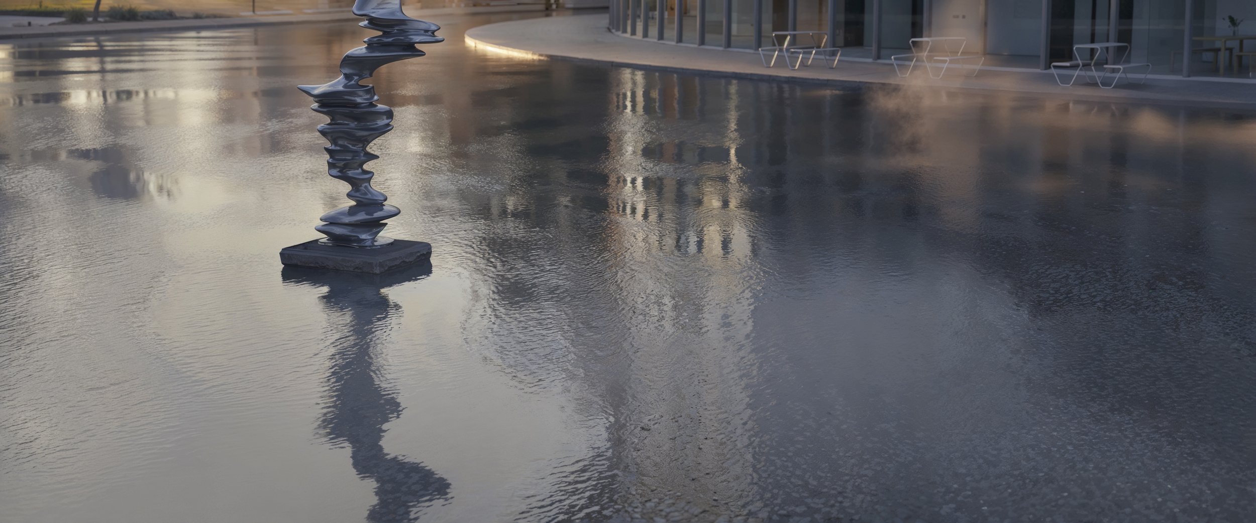 Modern outdoor water feature with a tall, twisted, dark sculpture and a reflecting pool, surrounded by patio furniture and a building with large glass windows.