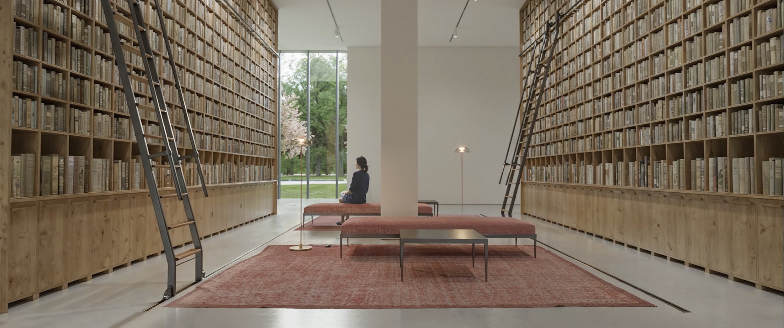A person sitting on a bench in a modern library with tall wooden bookshelves filled with books, large windows showing outdoor trees, and ladders for reaching high shelves.