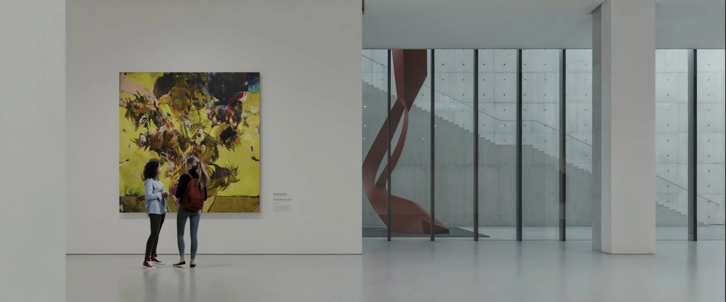 Two women standing in front of a large abstract painting in a modern art gallery with white walls and large windows.