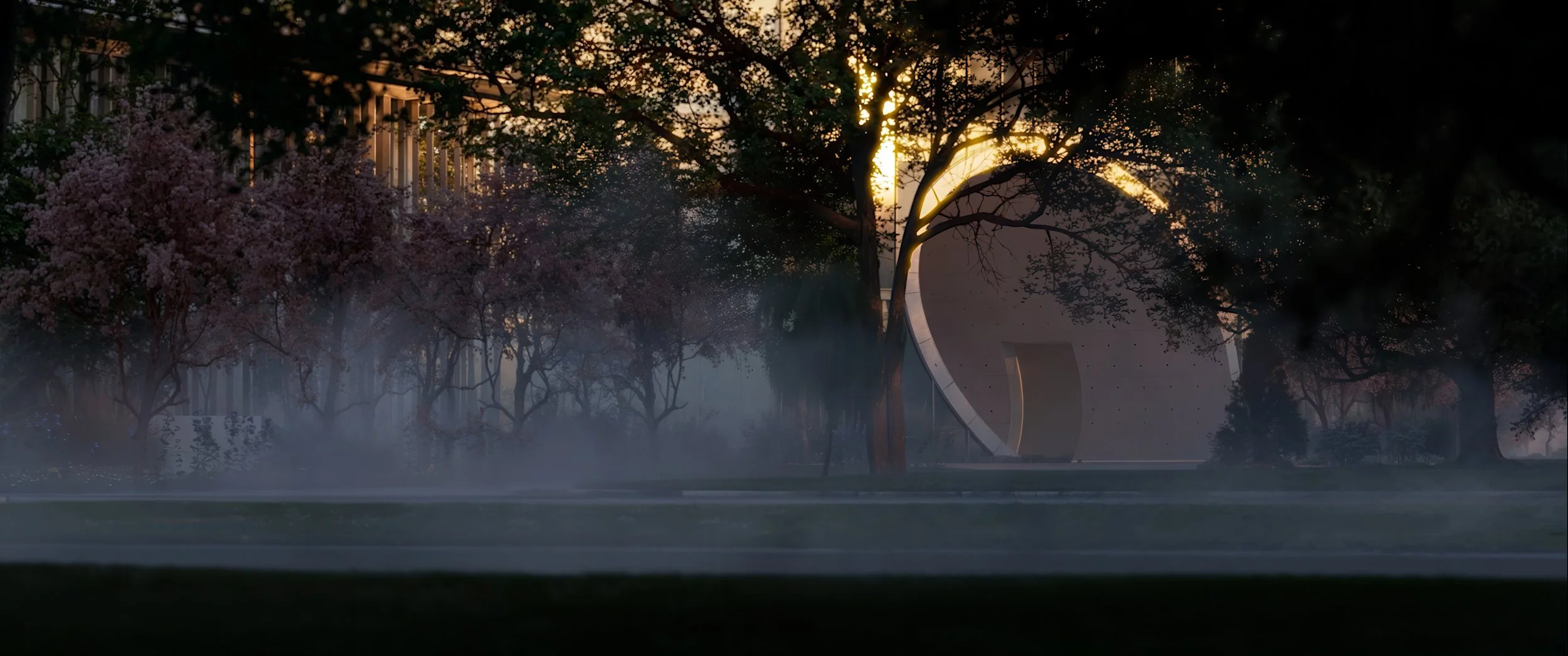 A city park at dawn with mist on the ground, blooming trees, and a modern circular sculpture in the background, with sunlight filtering through the trees.