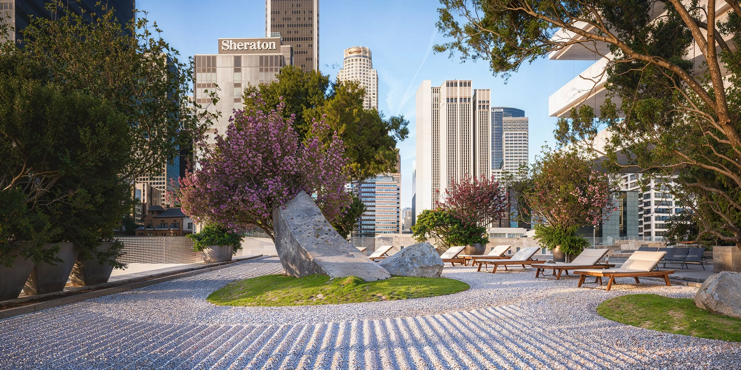 A rooftop garden in an urban setting with pink flowering trees, large rocks, wooden lounge chairs, and city skyscrapers in the background.