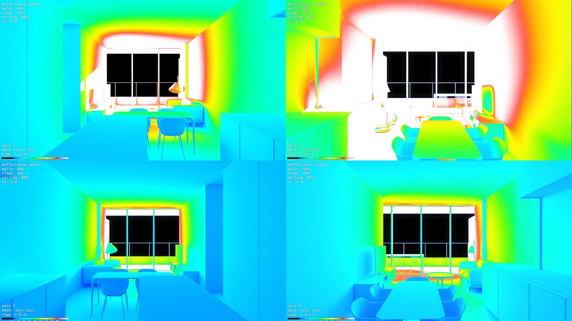 Color-coded thermal or daylight simulation of a dining room and living space showing temperature and light distribution, with black window panes and furniture visible, across four different views.