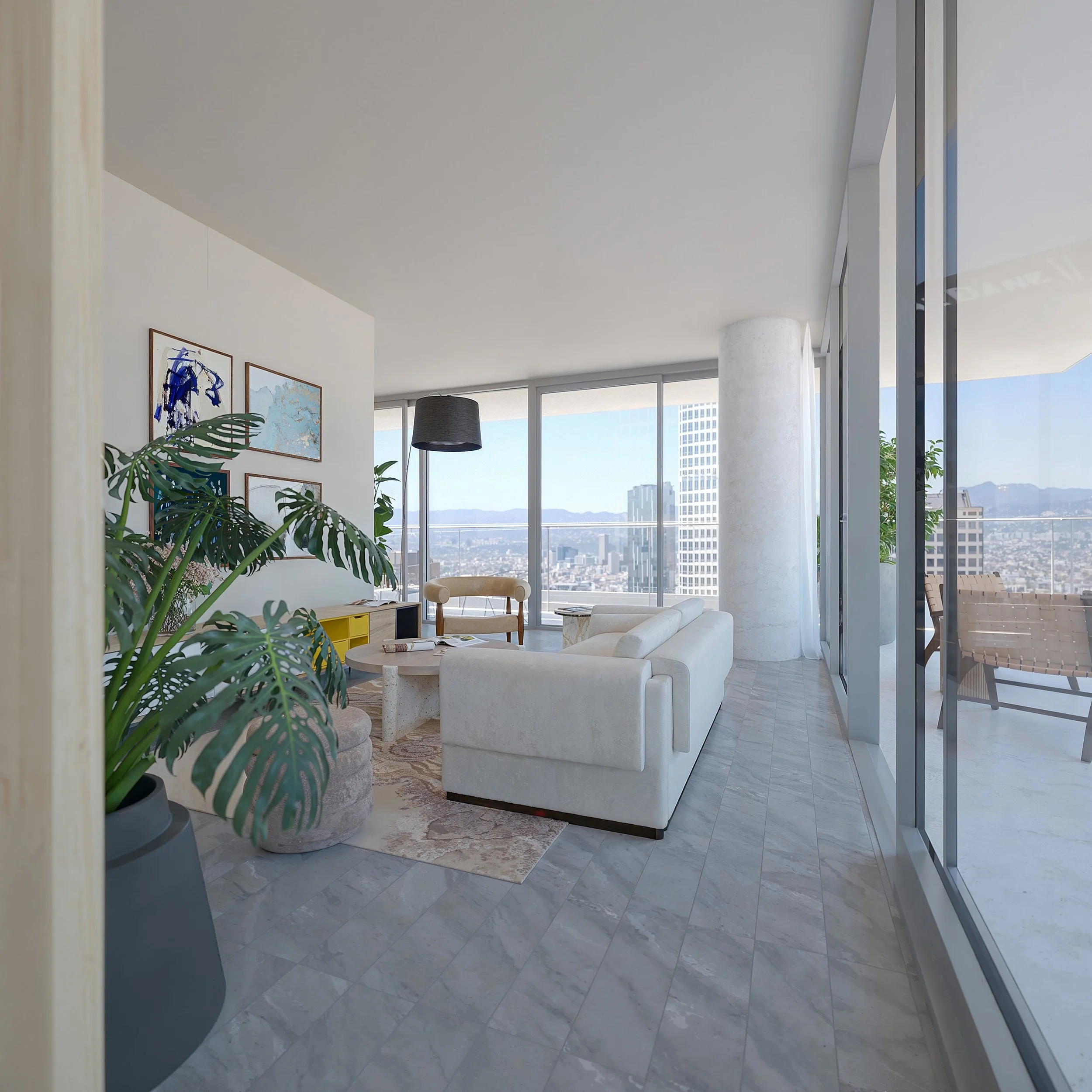 Modern living room with large windows, city views, white sofa, potted plants, and wall art.
