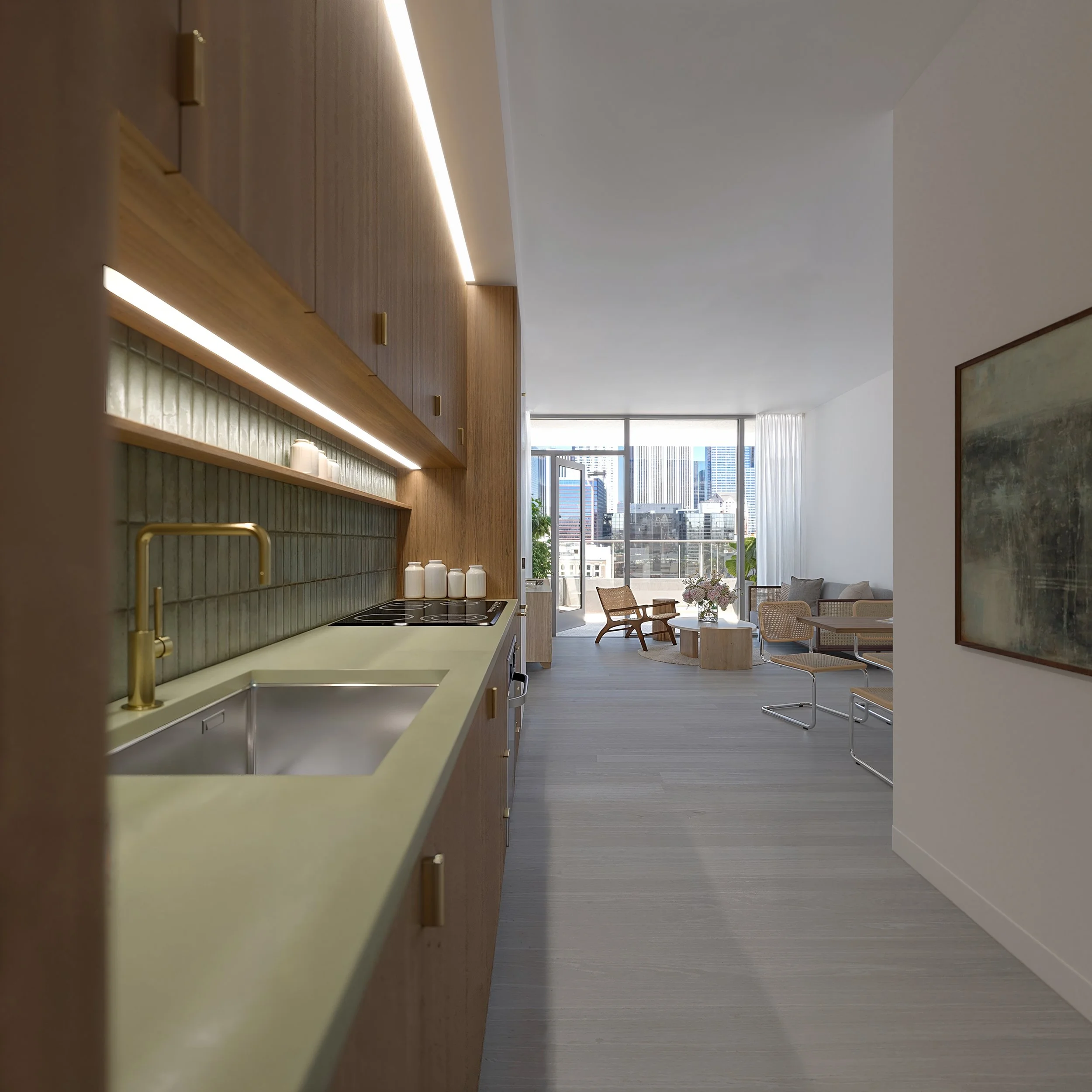 Modern apartment kitchen and living room with large windows, light wood floors, and minimalist design.