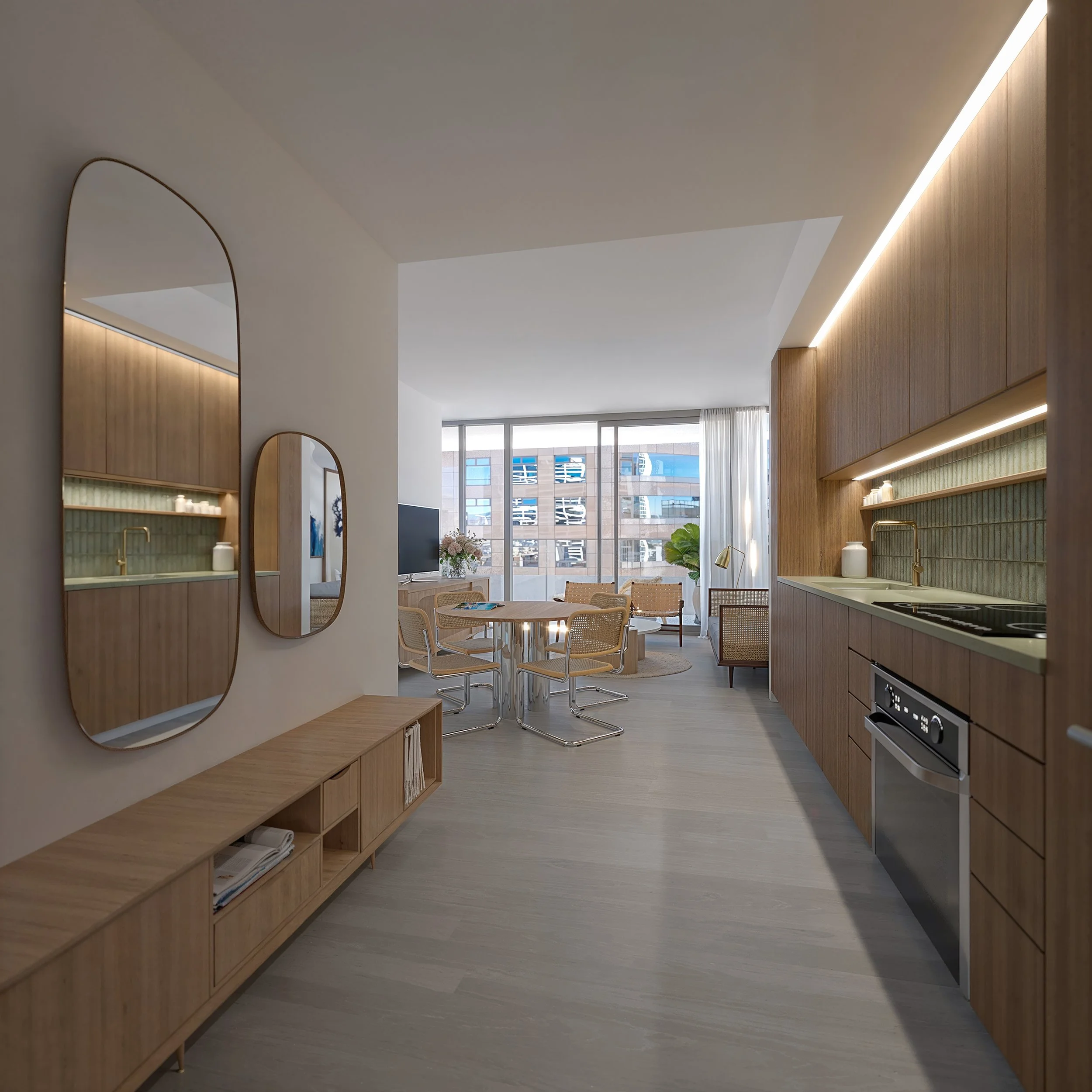 Modern apartment living room with kitchen area featuring wooden cabinets and a dining table with four chairs, large windows, and minimalist decor.