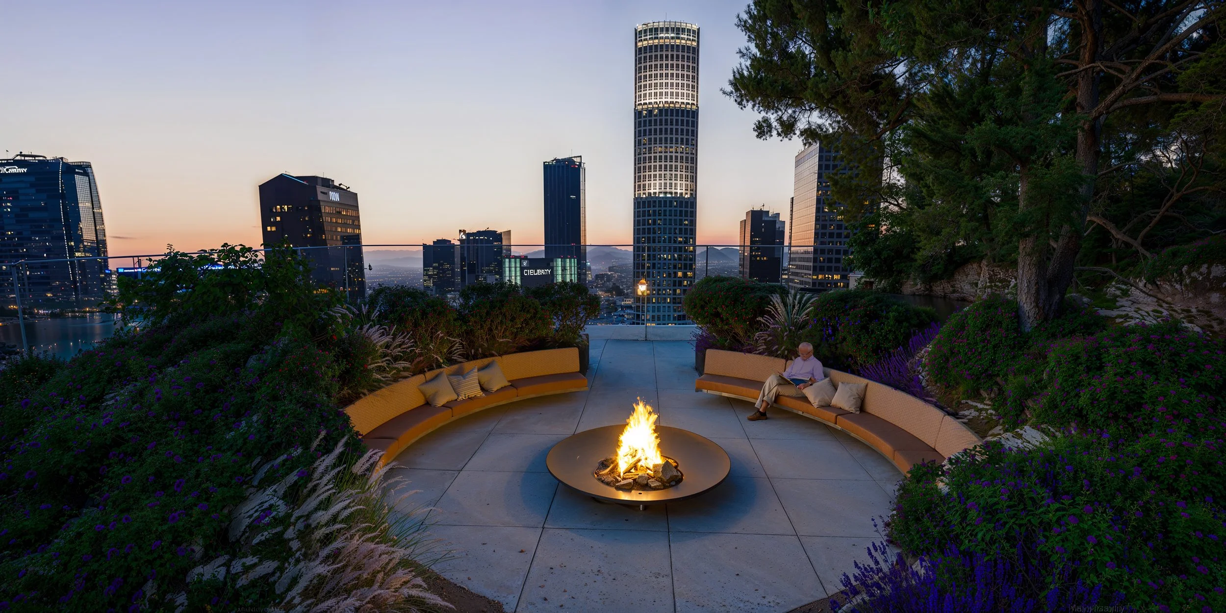 Rooftop garden with curved seating, a fire pit, and a man reading, overlooking a city skyline at dusk with tall buildings and trees.