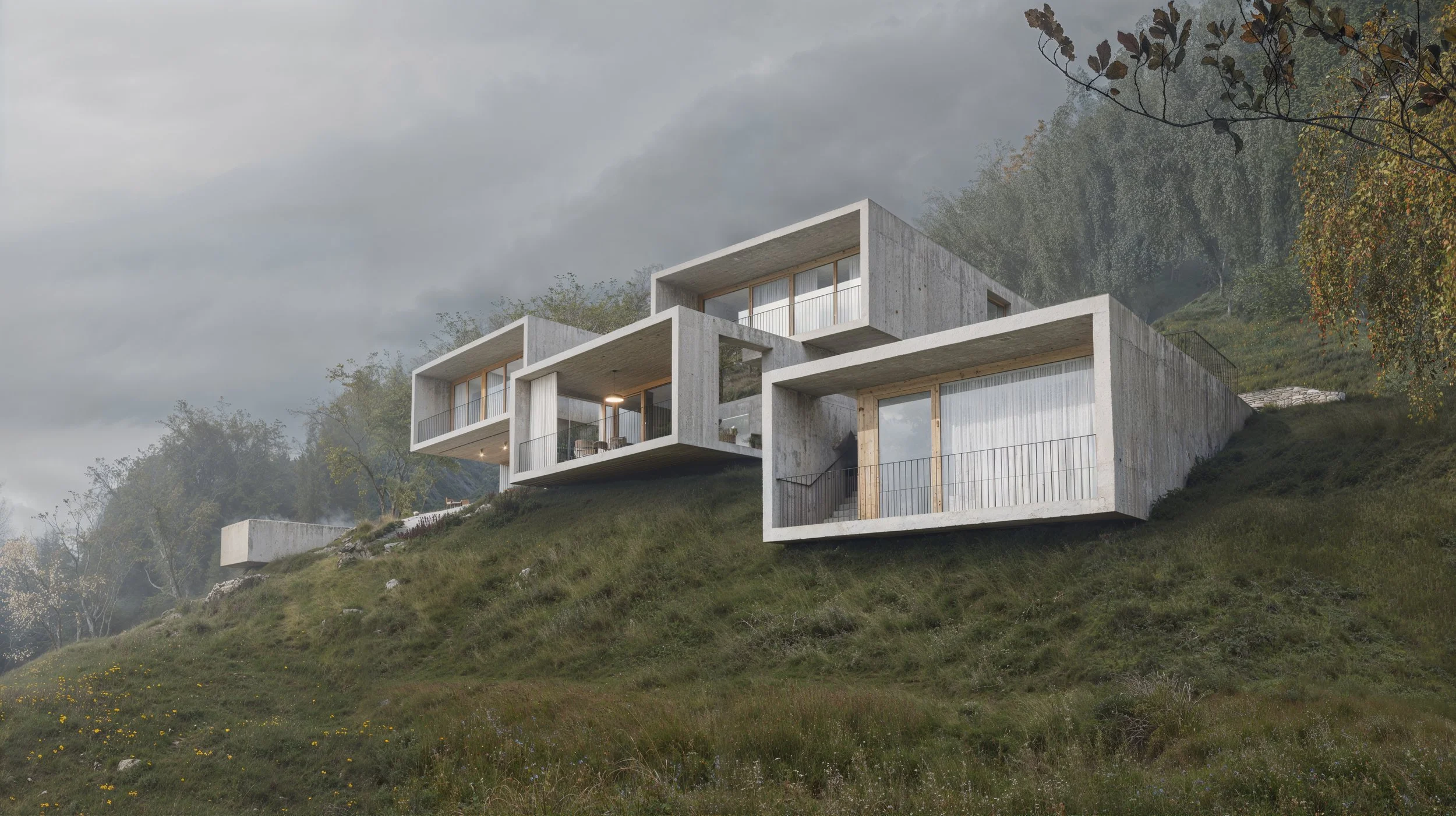 Modern concrete house built on a hillside with multiple rectangular sections with large glass windows and outdoor areas, surrounded by trees and grassy terrain under a cloudy sky.