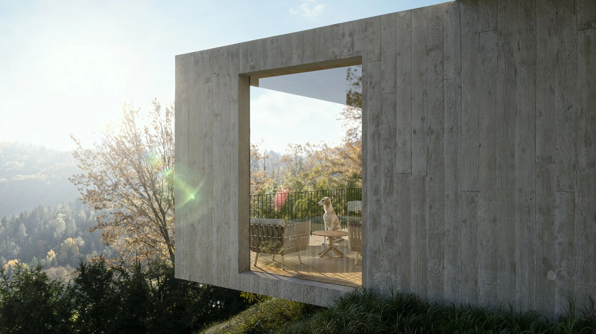 Modern house with a large open window overlooking a scenic landscape with trees and hills, featuring a dog sitting on the balcony.