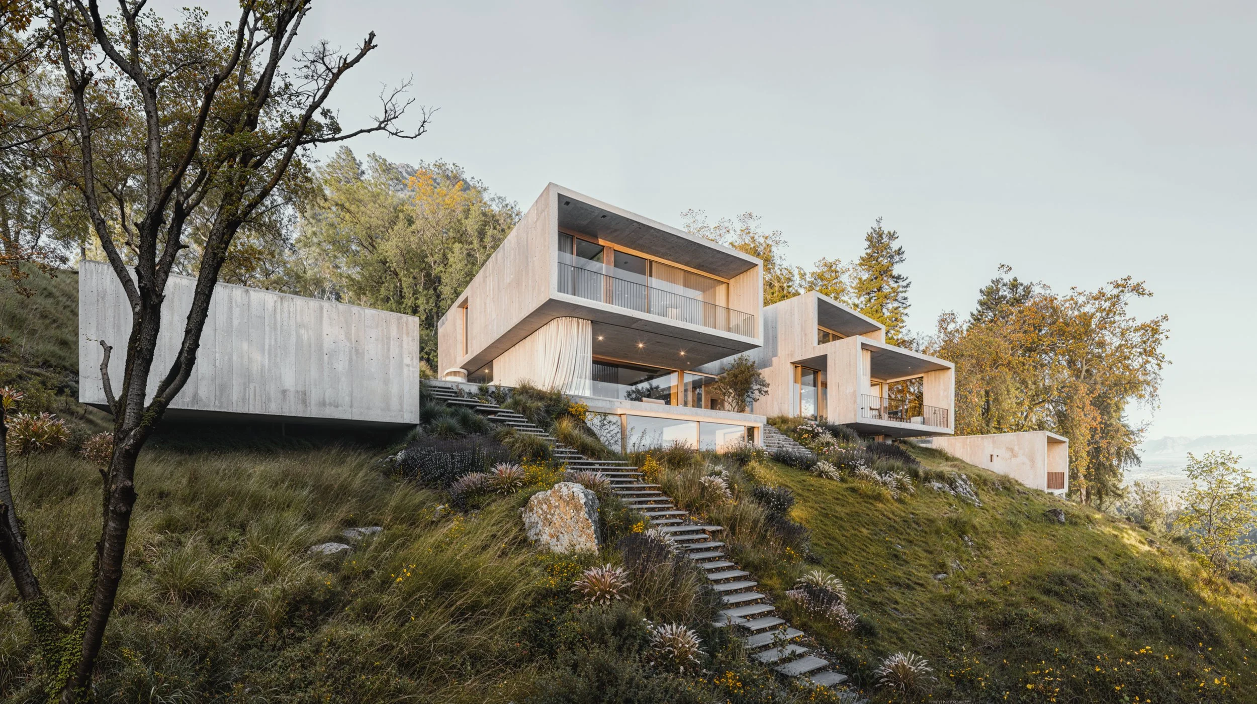 Modern multi-level concrete and wood houses built on a hillside with outdoor stairways, trees, and flowering plants, during late afternoon or early evening.