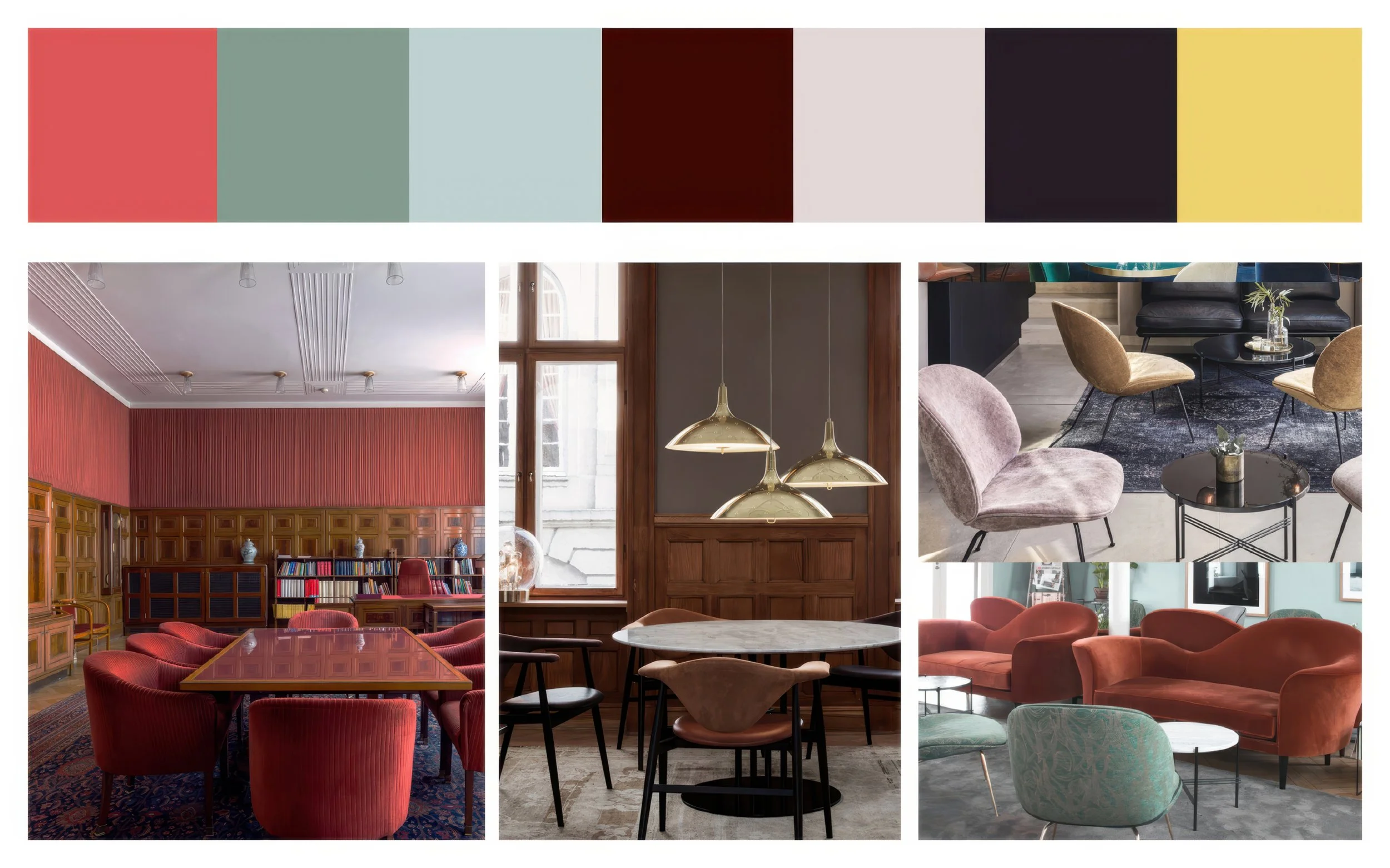 Interior rooms with colorful furniture, including a red dining room with wood paneling, a round marble table with pendant lights, and seating areas with plush velvet chairs and sofas in shades of pink, green, and rust.