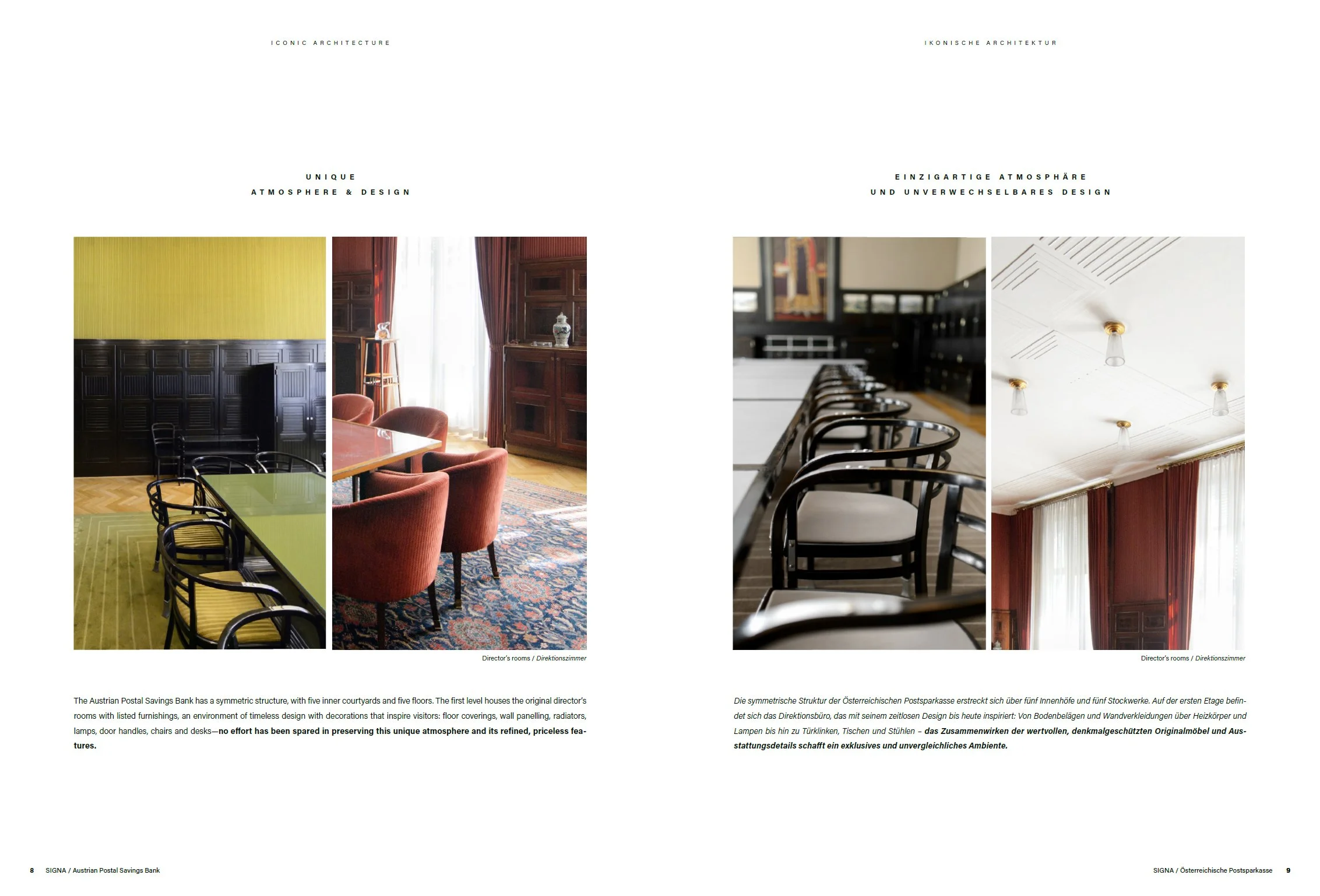Two pages from a magazine or catalog showing interior design photos of the Austrian Postal Savings Bank. The left page features a photo of a room with green and black chairs, a yellow wall, and wooden paneling. The right page shows a row of black chairs with white cushions in a modern room with framed artwork, and a ceiling photo with white walls, multiple ceiling light fixtures, red curtains, and a window.
