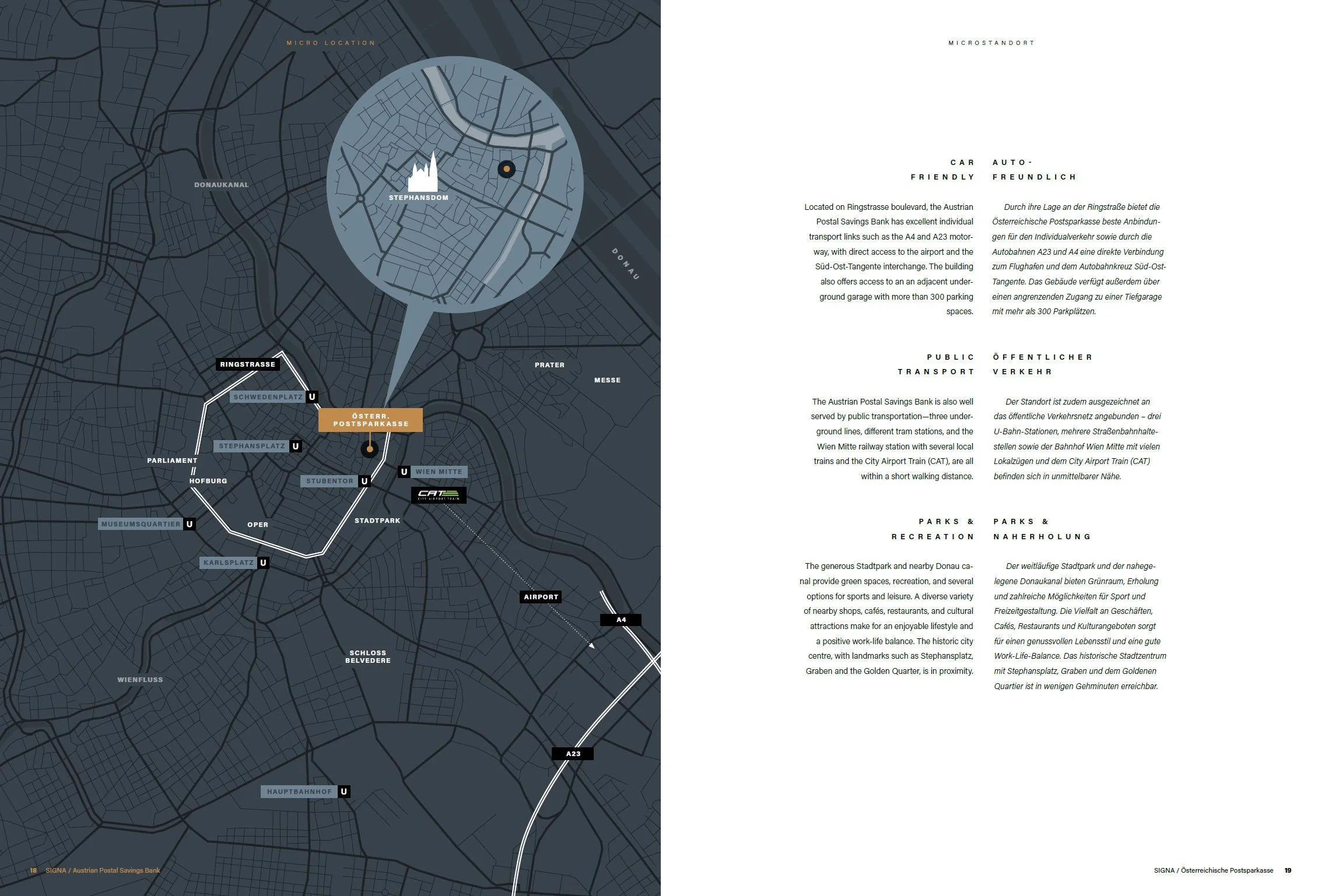 Map of Vienna with highlighted locations of the Austrian Postal Savings Bank, transportation options, parks, and landmarks such as Stephansdom, the airport, and Schloss Belvedere, along with nearby streets and transit stations.