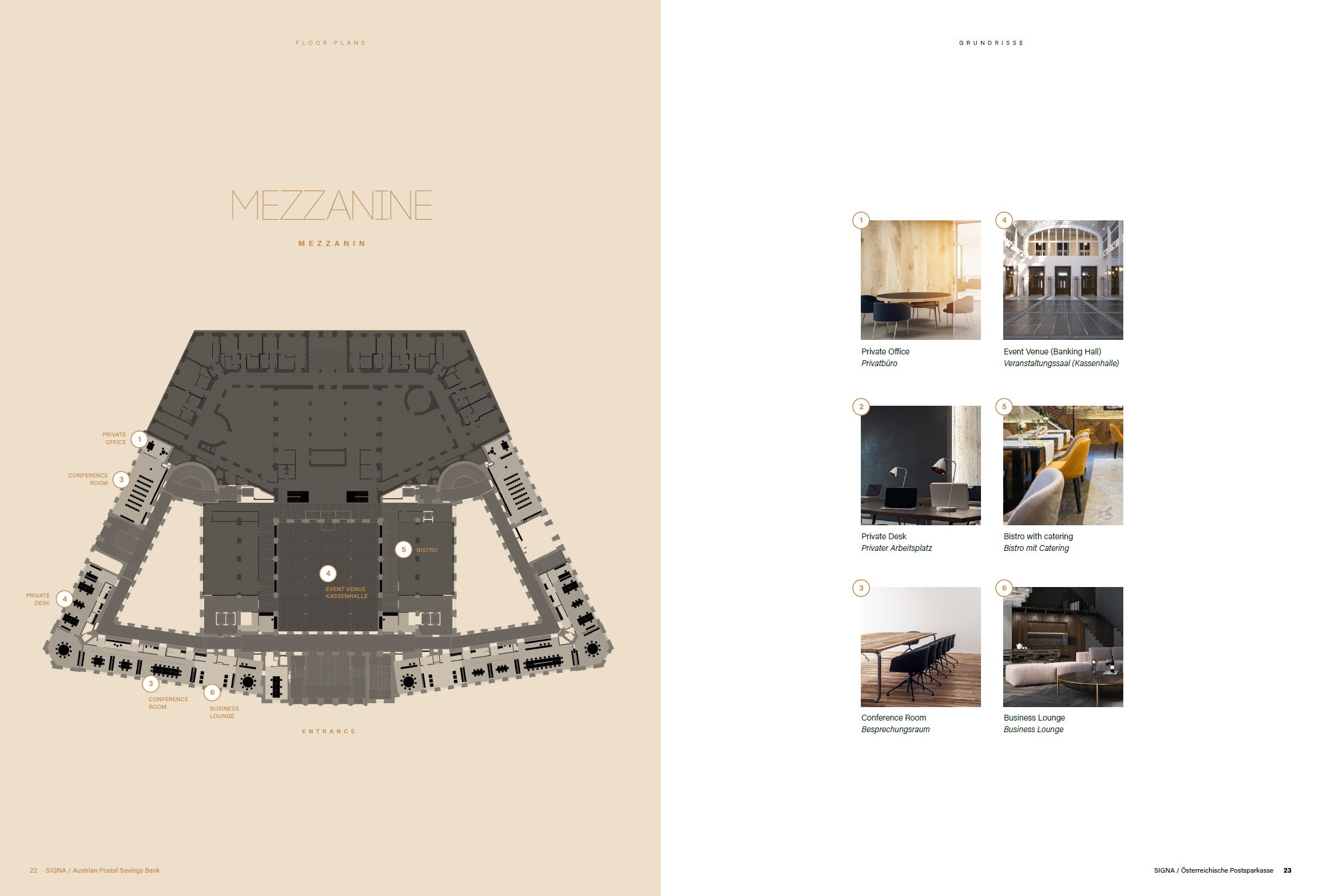 Floor plan diagram of a building's mezzanine level, showing private offices, conference room, business lounge, event venue, bistro, and other spaces, with numbered labels matching photographs of each area.