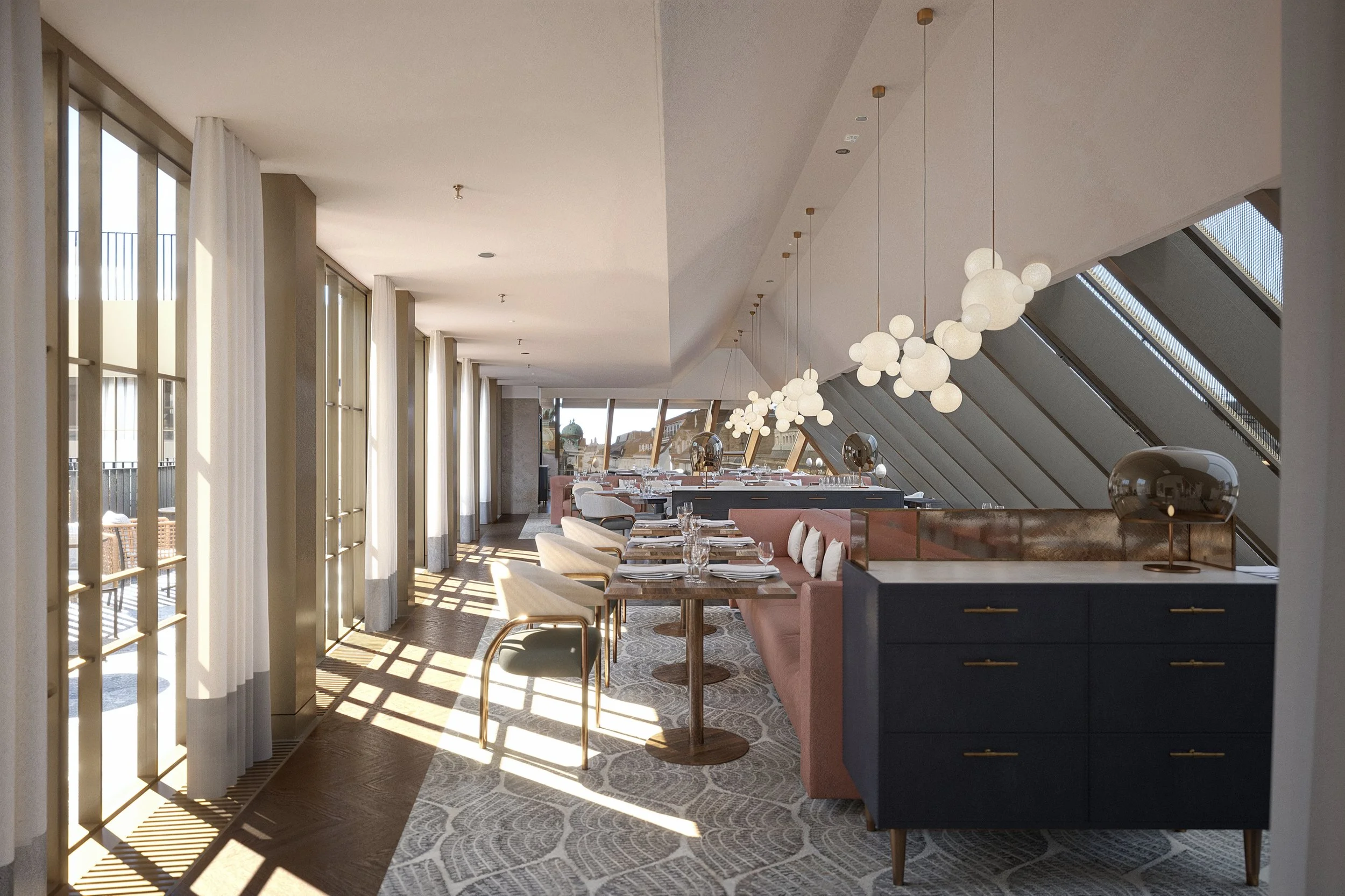 Modern restaurant interior with large windows, white curtains, and hanging spherical lights. Tables are set with glasses, plates, and napkins, featuring plush pink and beige seating and a decorative blue cabinet with gold accents.