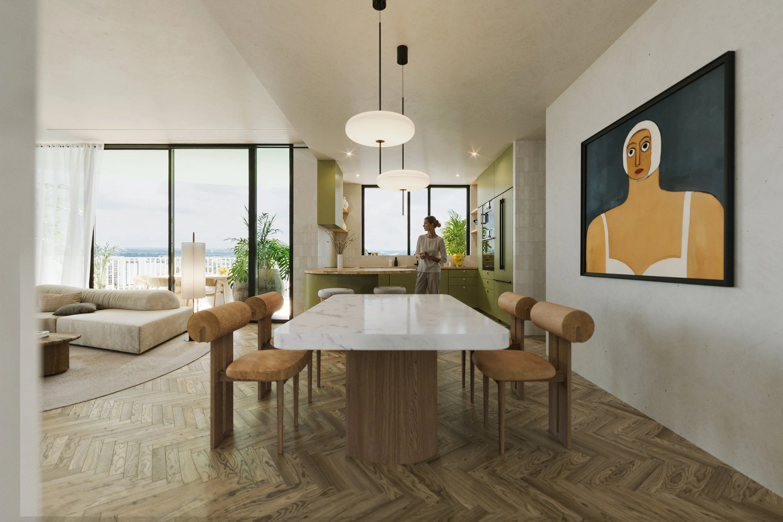 Modern open-plan living and dining area with a kitchen, a black hanging stove, a dining table with six chairs, a canvas painting of a woman, and large windows with a city view.