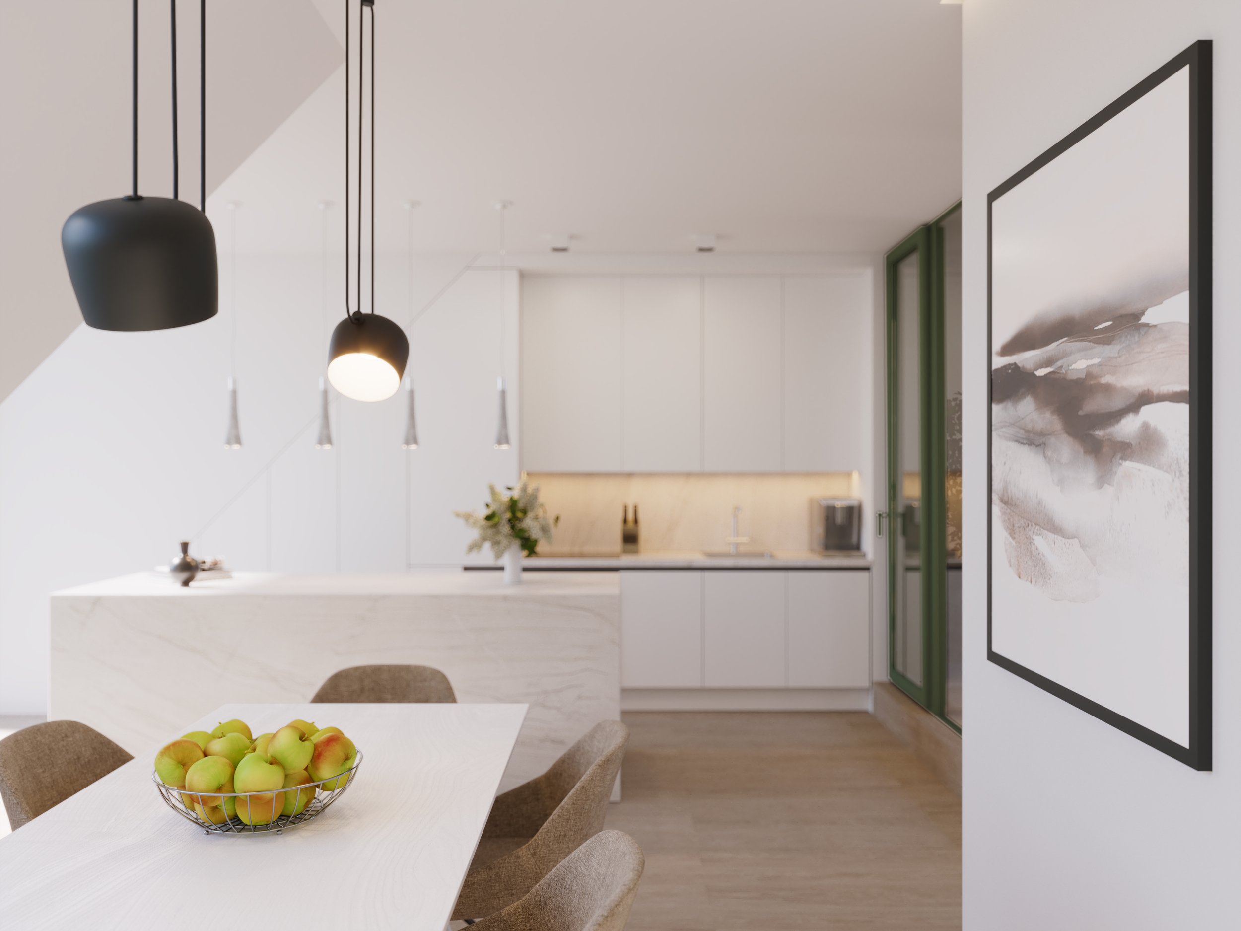 Modern kitchen and dining area with white cabinetry, beige chairs, abstract wall art, and black pendant lights.