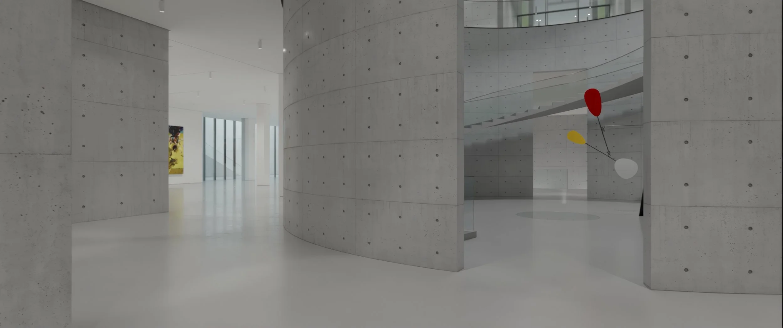 Modern art installation with abstract shapes on a thin black stand in a spacious, minimalist gallery with concrete walls and floors.