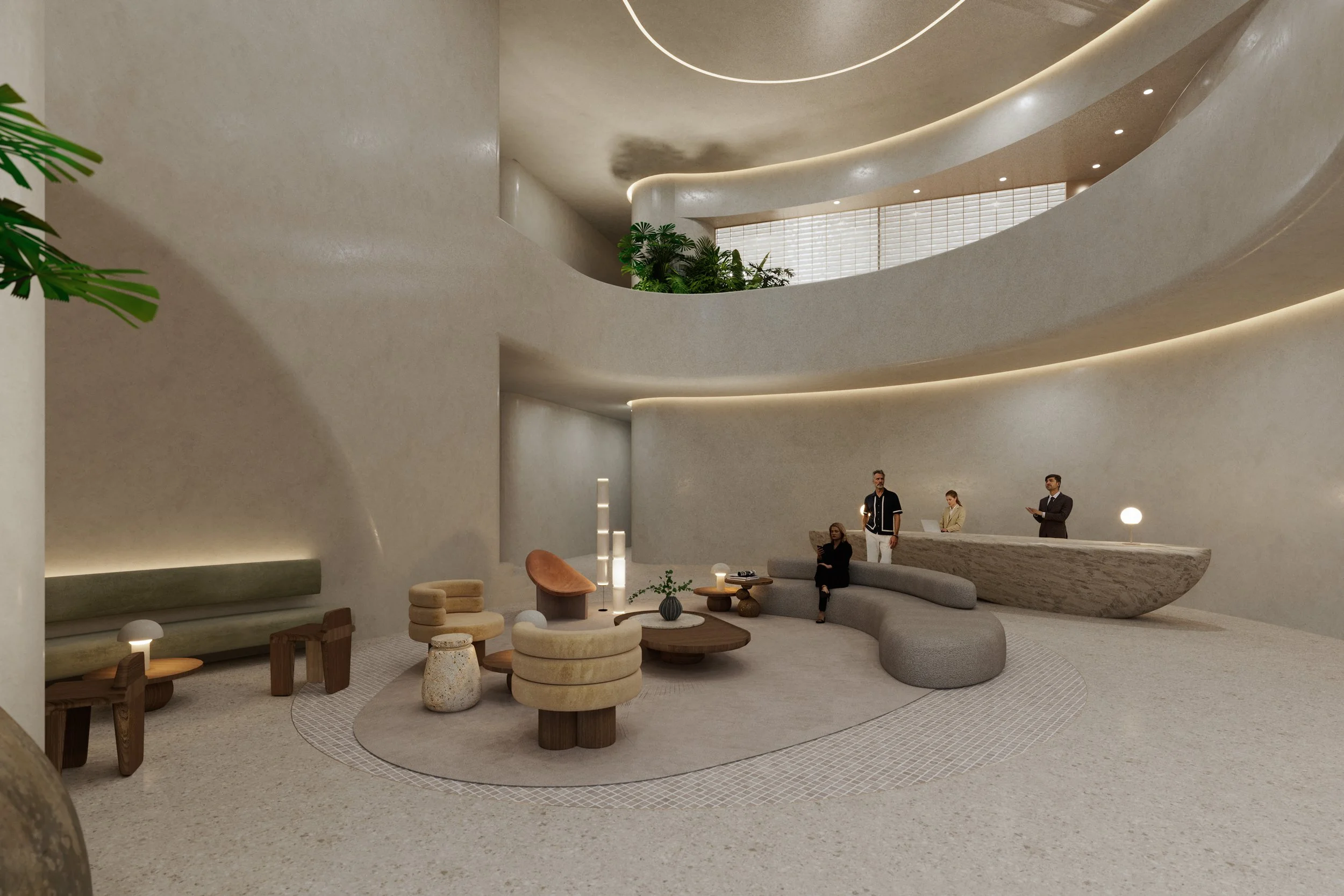 Modern, minimalist hotel lobby with curved beige walls, soft lighting, and contemporary furniture including round and rectangular tables, a curved seating arrangement, and a reception desk with several people.