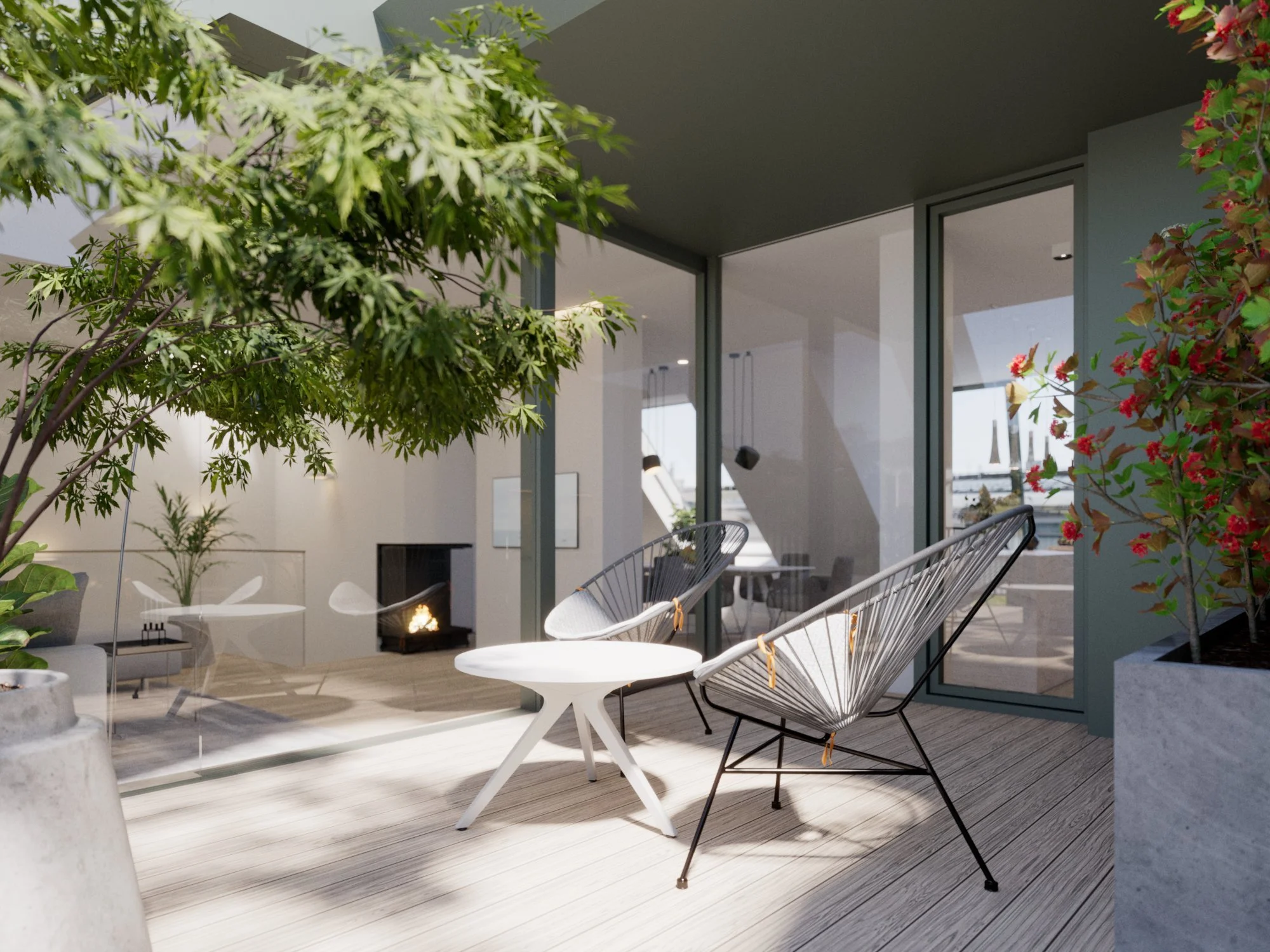 Modern balcony with outdoor seating, potted plants, and a fireplace.