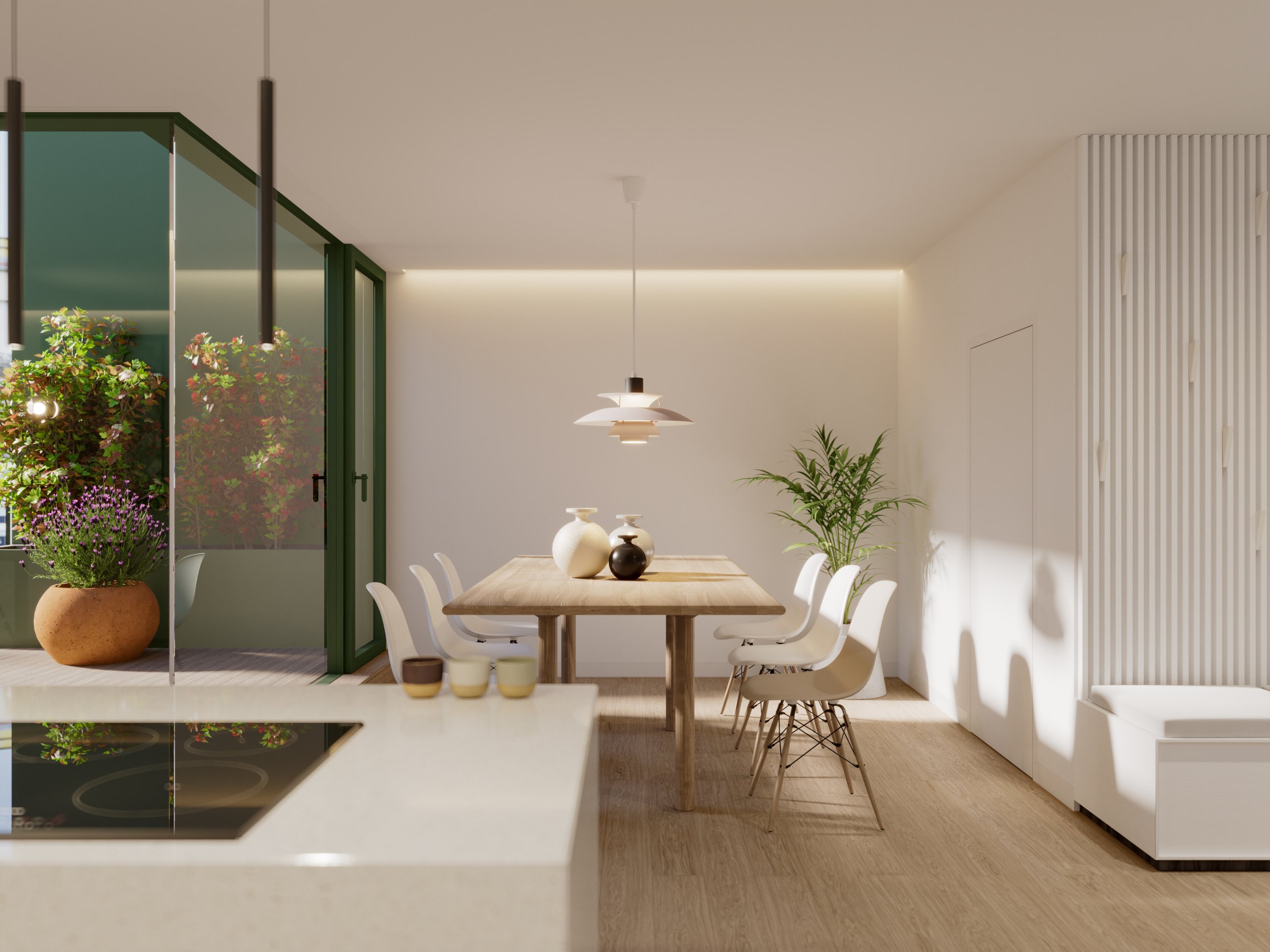 Modern dining room with wooden table, white chairs, hanging light fixture, potted plants, and sliding glass door leading to an outdoor patio.