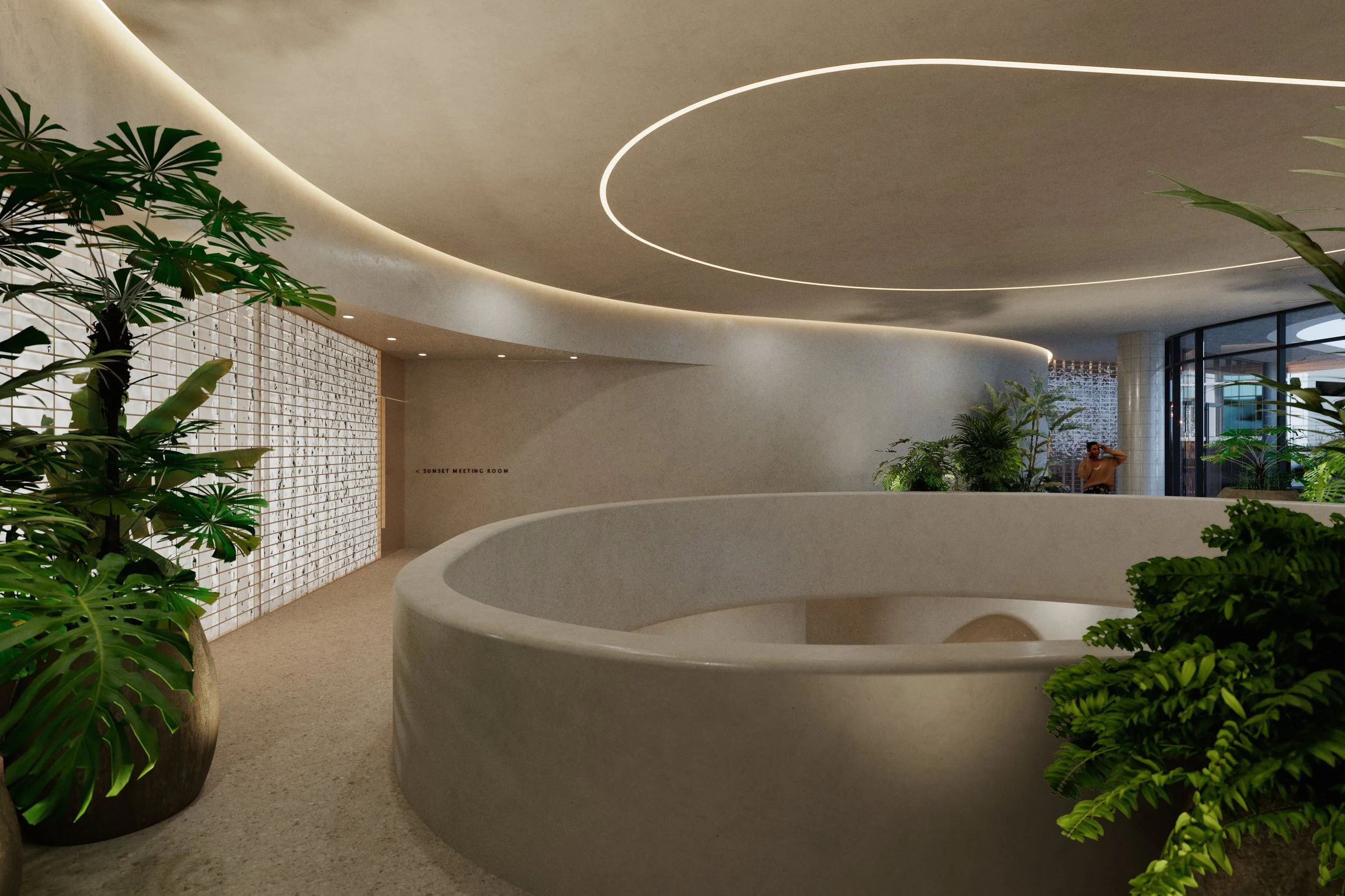 Modern interior with curved architectural design, green plants, and soft lighting, leading to a sign that reads 'Sunset Meeting Room'.