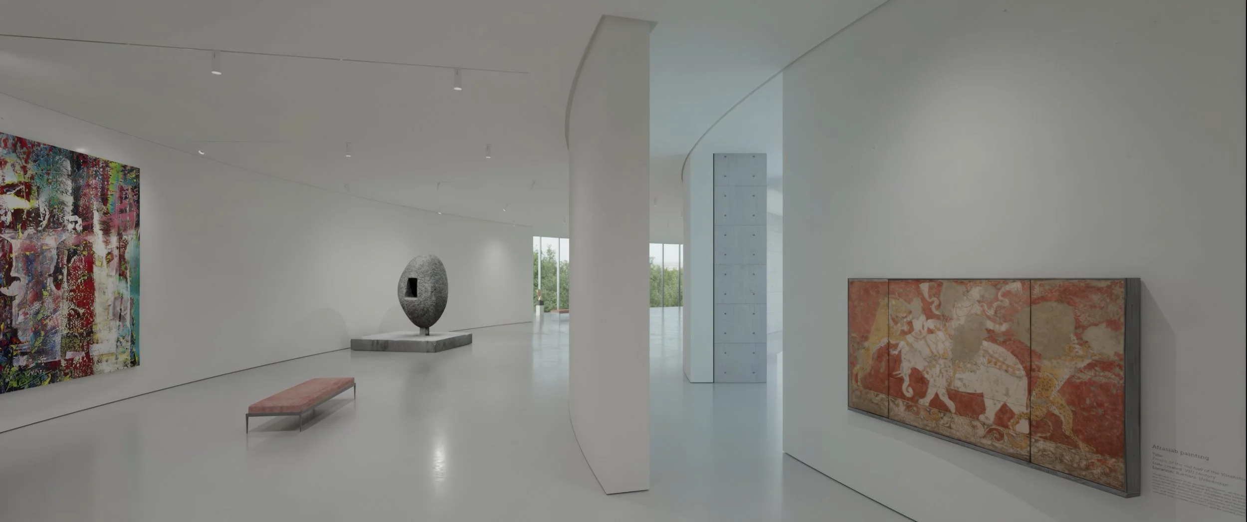 Interior of an art gallery with various colorful abstract paintings, sculptures, and a bench, featuring modern architecture and large windows.