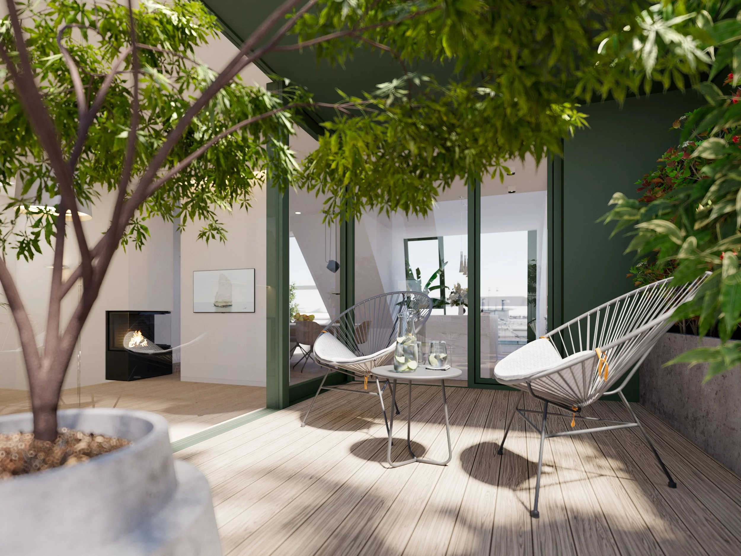 Balcony with two white modern chairs, small round table with water pitchers and glasses, potted tree, green sliding door, and interior living space with a fireplace.