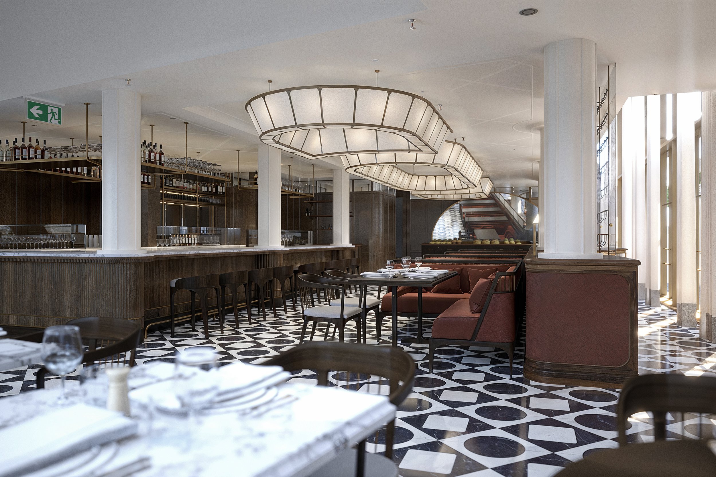 Elegant restaurant interior with patterned black and white floor, red cushioned booths, dark wood chairs and tables set for dining, modern light fixtures, and a bar area with liquor bottles behind a wooden counter.