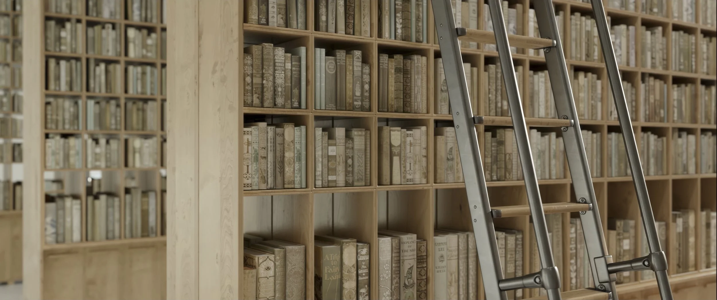 A wooden bookshelf filled with books and a silver step ladder leaning against it.