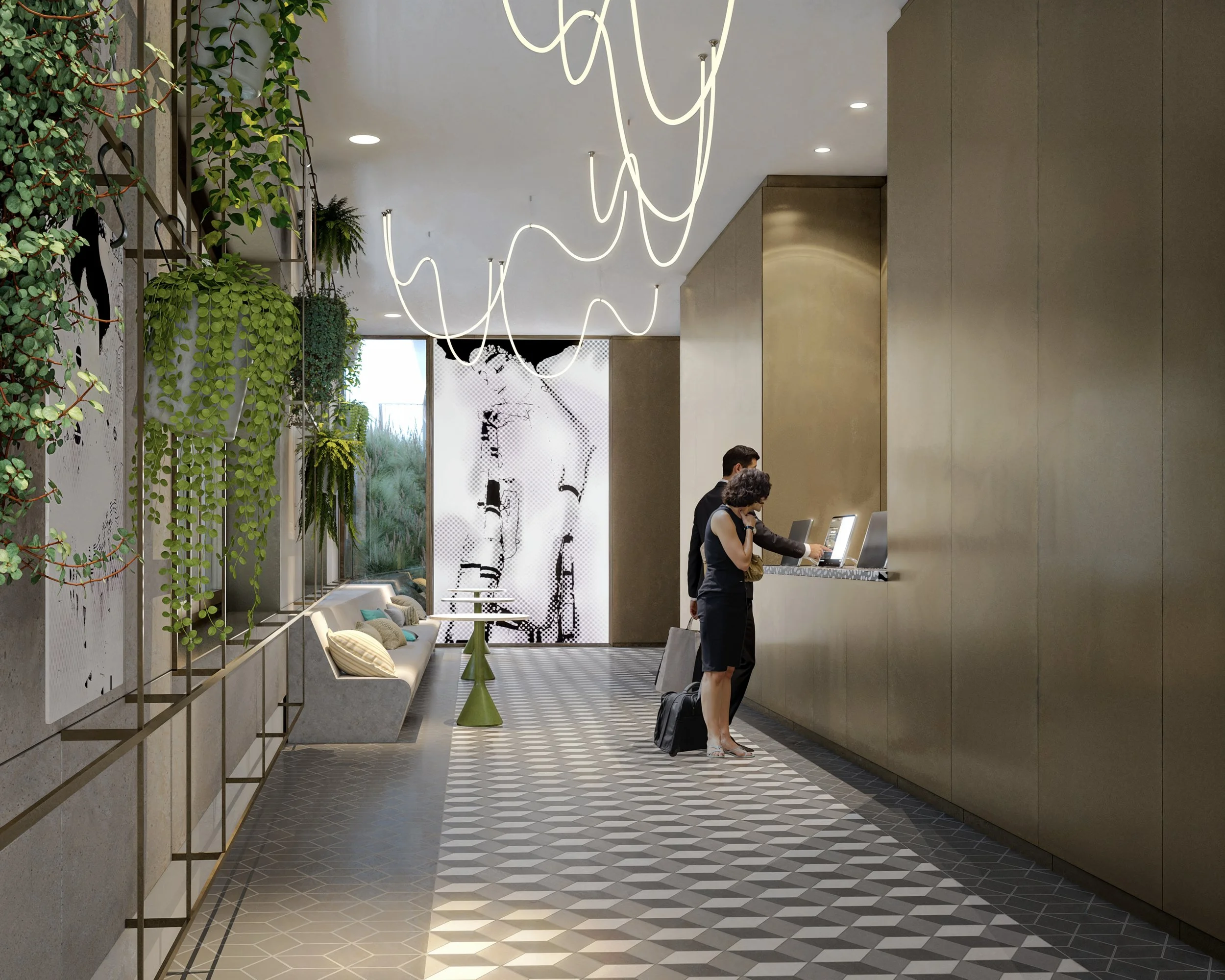 People check in at a hotel reception desk with a modern interior design, including patterned floor tiles, artwork, and green plants along the left wall.