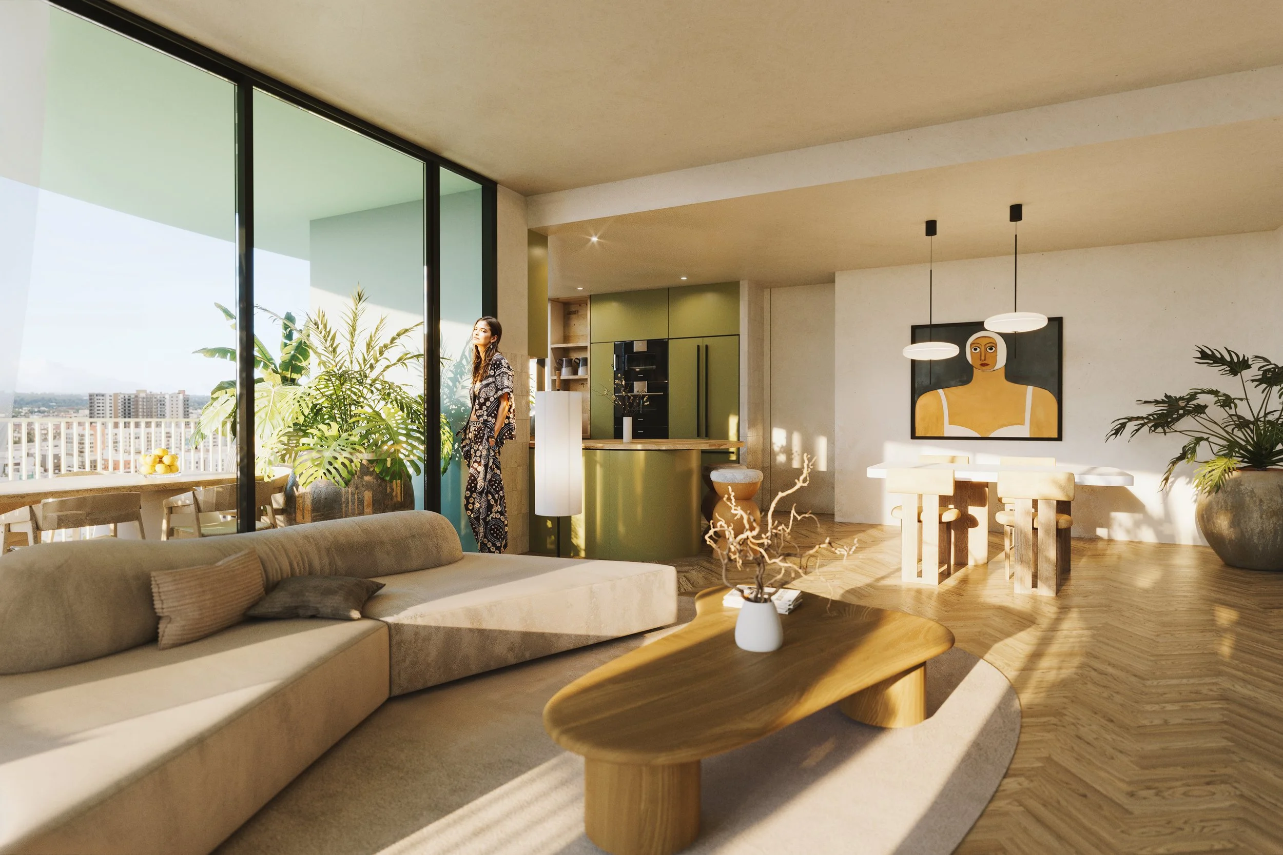 Bright and modern living room with large windows, beige sectional sofa, wooden coffee table, abstract artwork, and green kitchen cabinets.