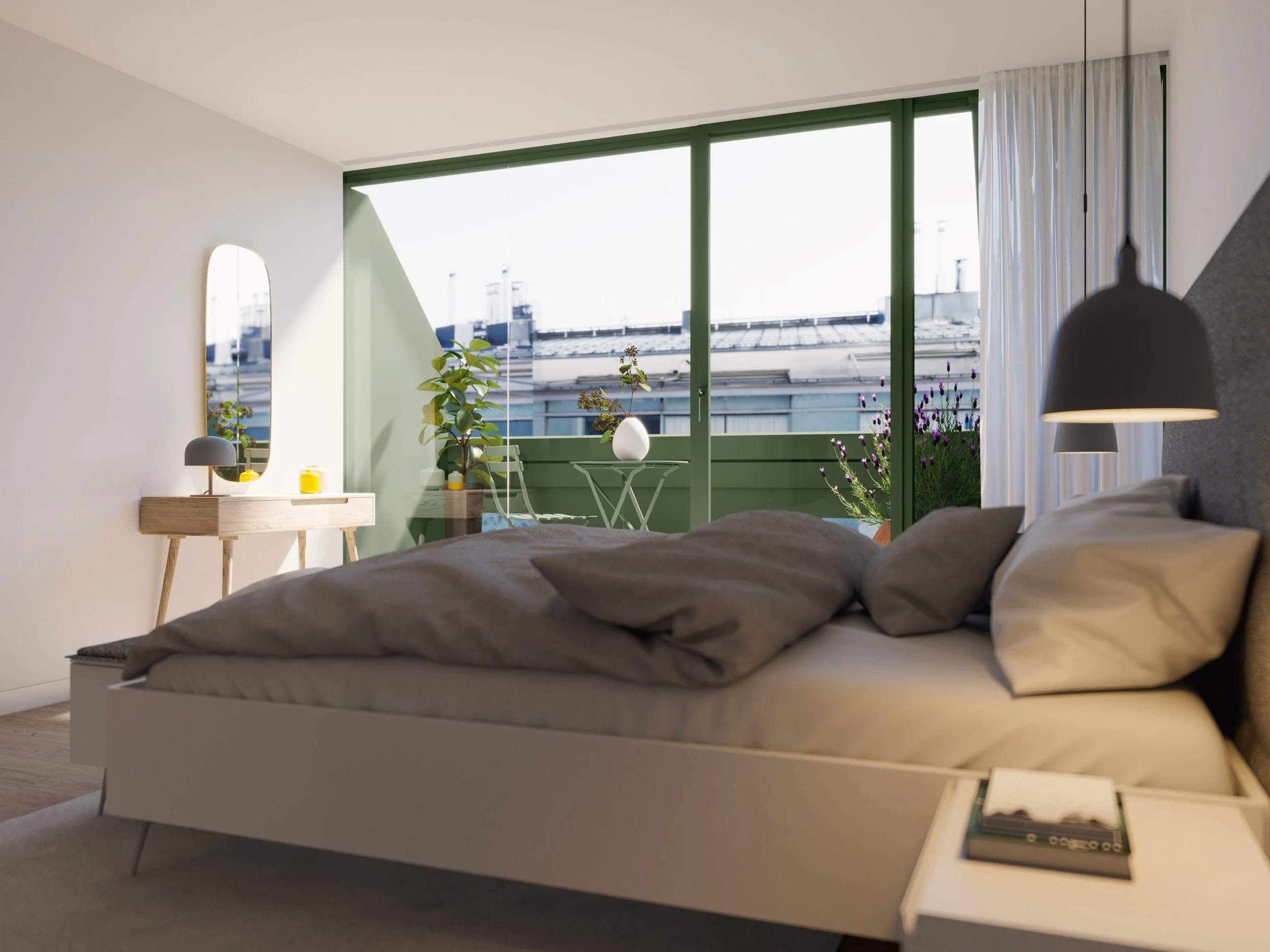 A modern bedroom with a bed, bedside table, hanging lamp, large window with curtains, and a small outdoor balcony with plants and a table.