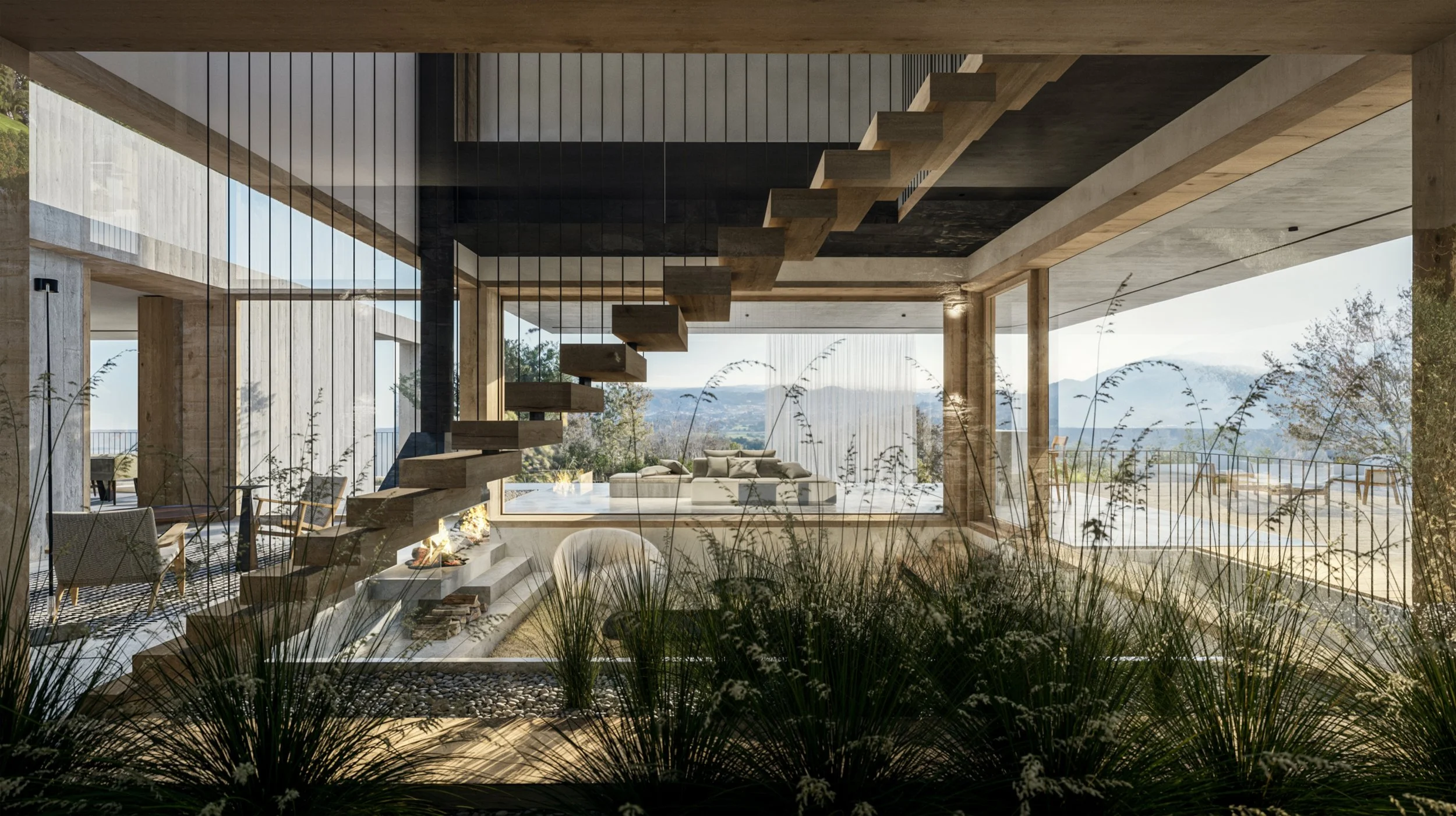 Modern living room with large glass windows, floating stairs, a cozy fireplace, and outdoor seating with mountain landscape views.
