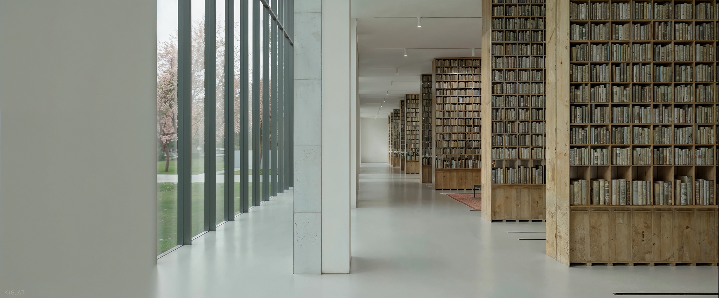 Interior view of a modern library with glass walls on the left and tall wooden bookshelves on the right, overlooking a park with cherry blossom trees.