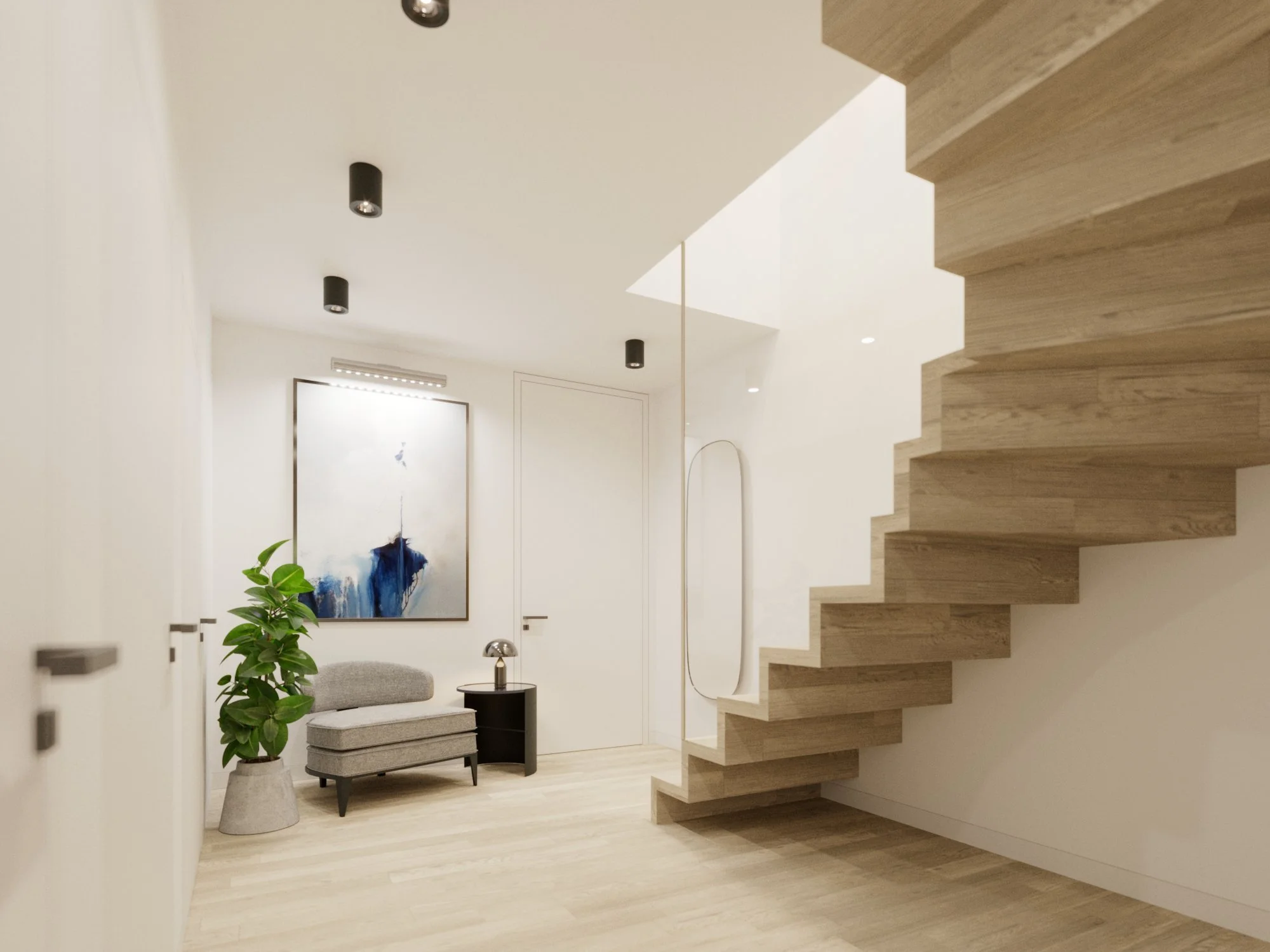 Interior of a modern, minimalist room with a wooden staircase, a small black side table with a lamp, a gray cushioned bench, a large abstract painting with blue and white colors, a potted plant, and black ceiling lights.