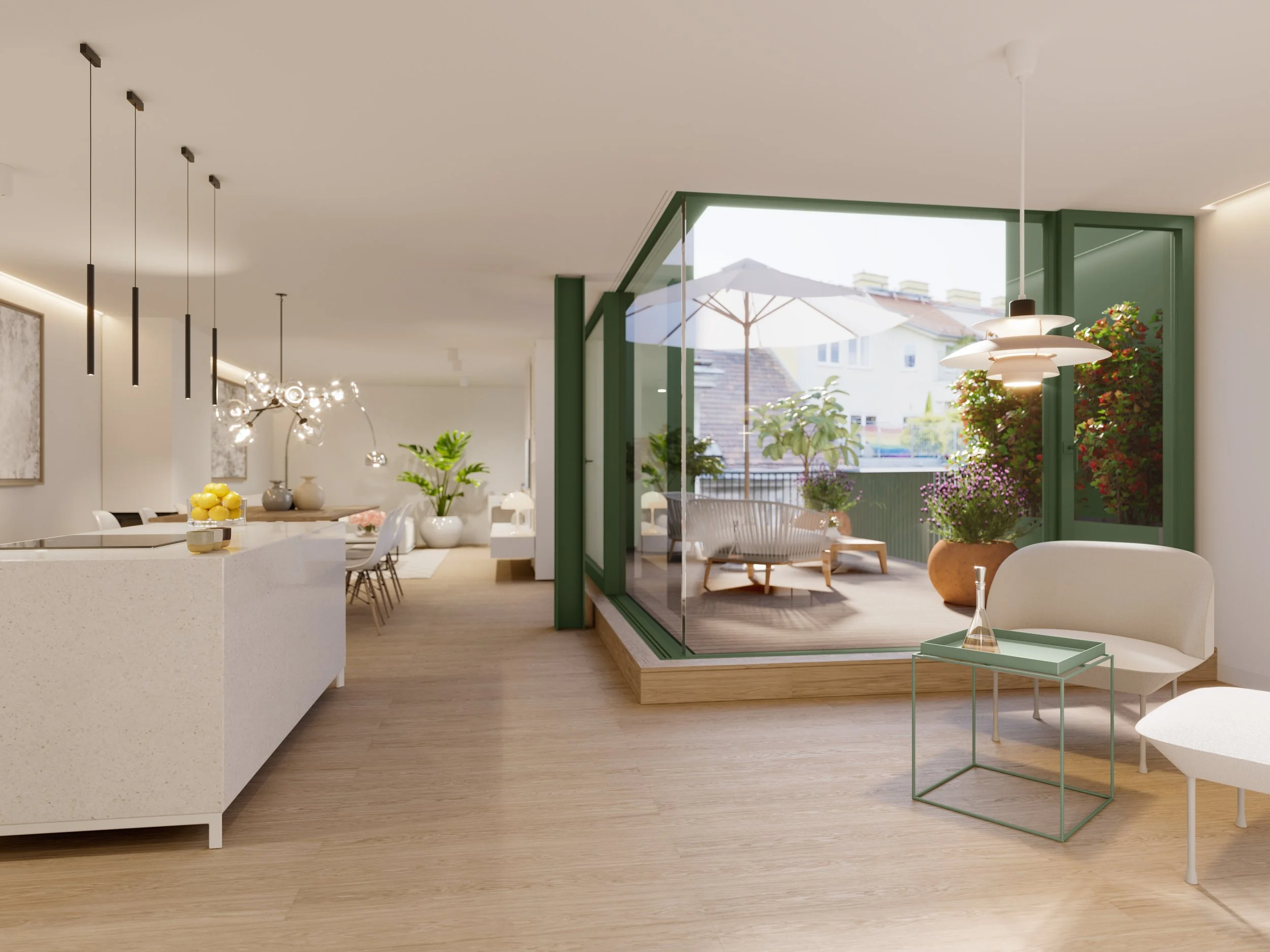 Modern living room and outdoor patio with white and green decor, potted plants, a round white lounge chair, and an outdoor table with an umbrella.
